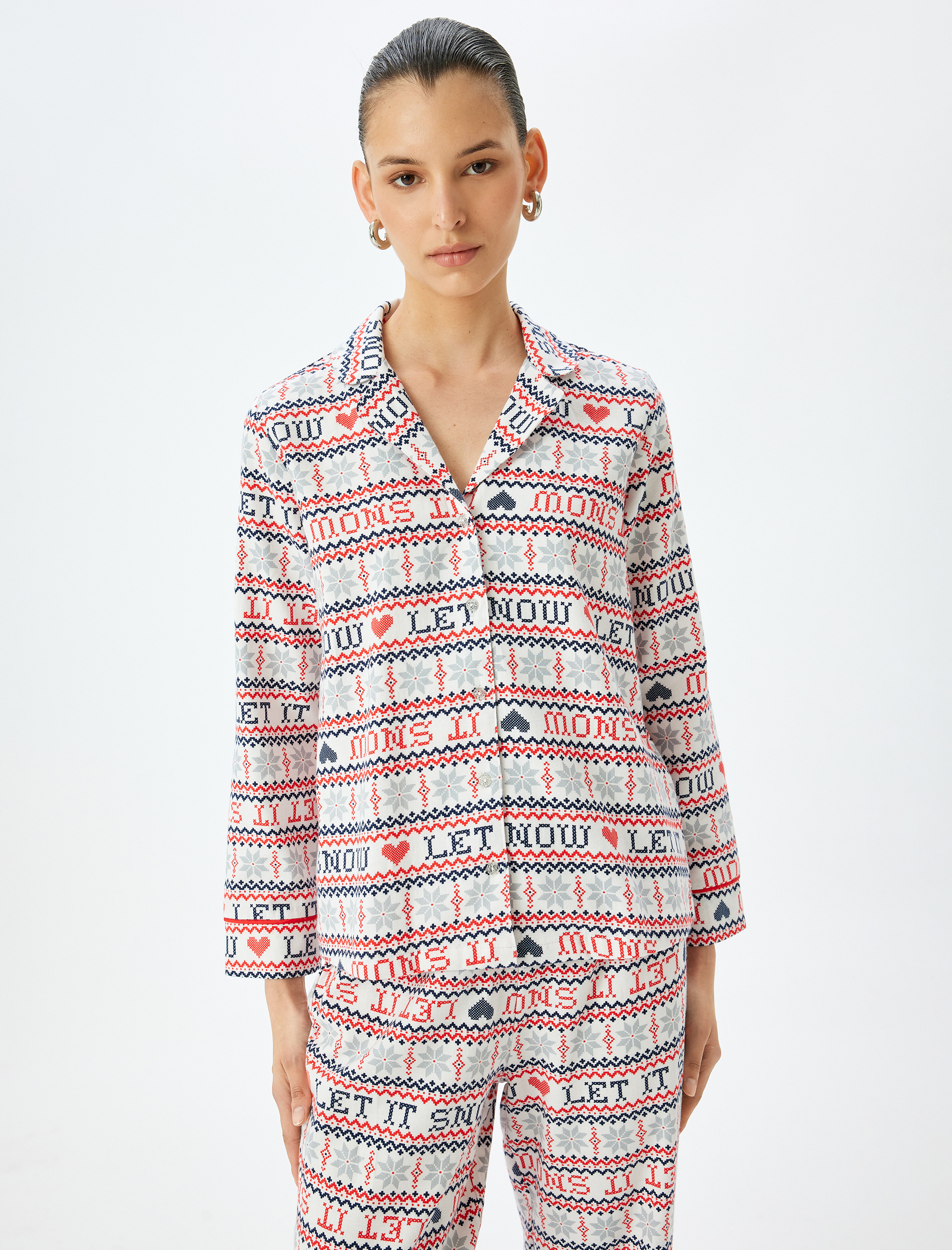   Yılbaşı Temalı Pamuklu Gömlek Pijama Üstü