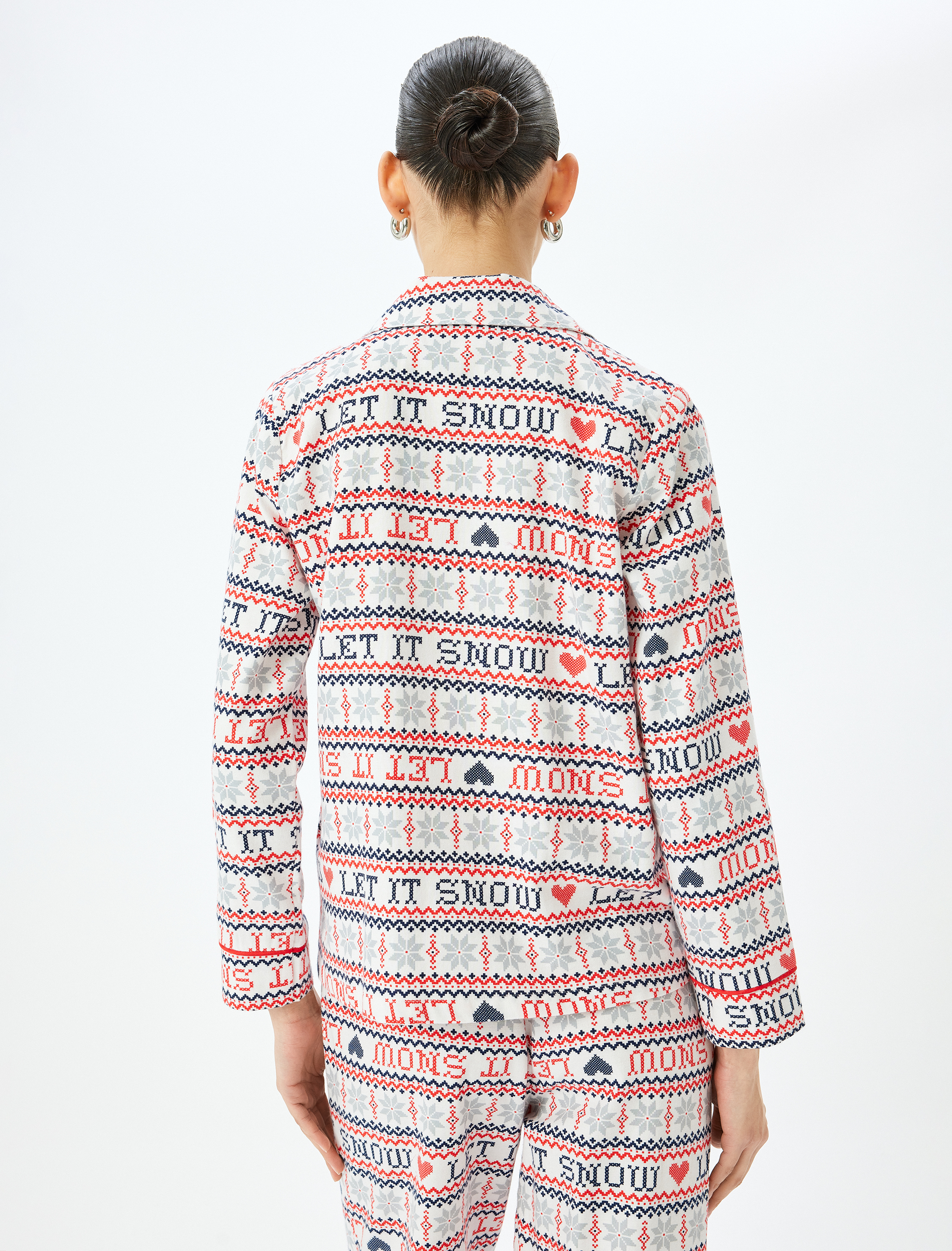   Yılbaşı Temalı Pamuklu Gömlek Pijama Üstü