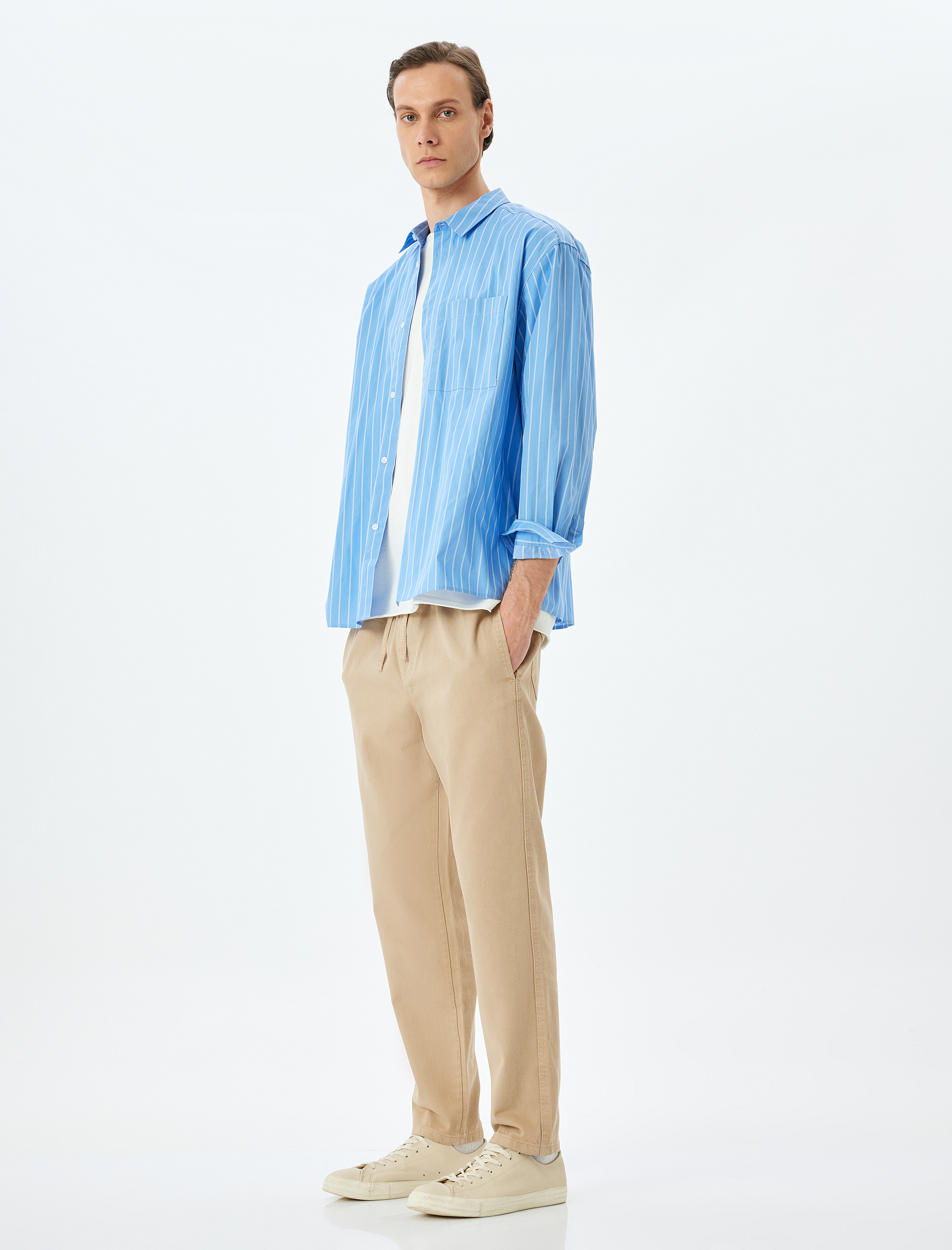   Normal Bel Straight Fit Pamuklu Beli Bağcıklı Pantolon