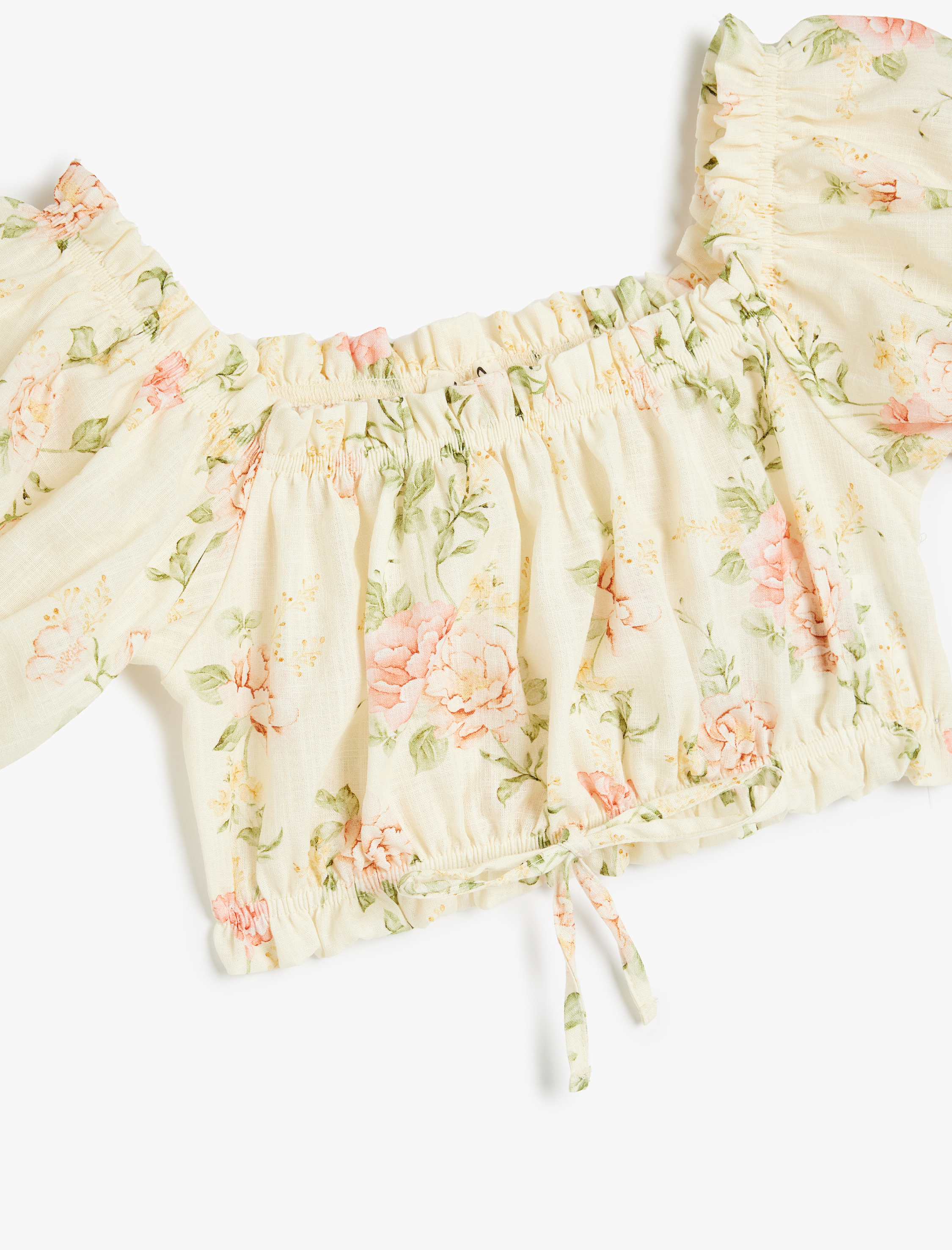  Kız Çocuk Gipe Detaylı Kare Yaka Balon Kollu Pamuklu Çiçekli Crop Bluz