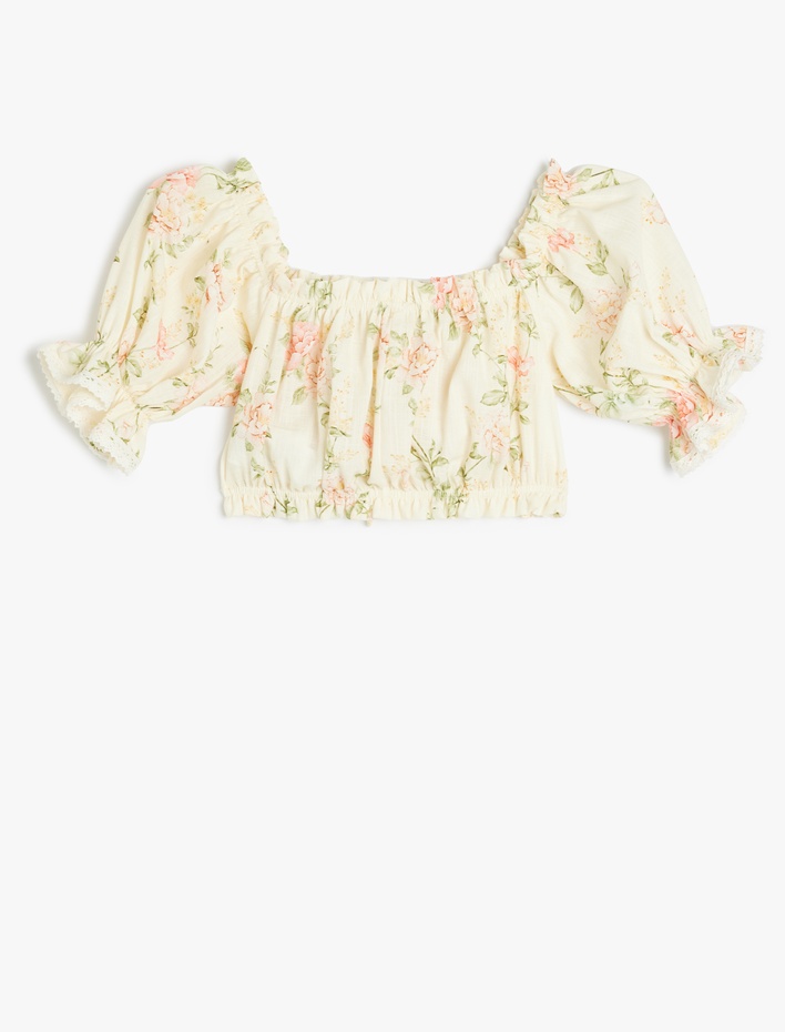 Kız Çocuk Gipe Detaylı Kare Yaka Balon Kollu Pamuklu Çiçekli Crop Bluz