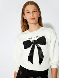 Fiyonklu Sweatshirt Pullu Payetli Uzun Kollu Bisiklet Yaka Şardonlu