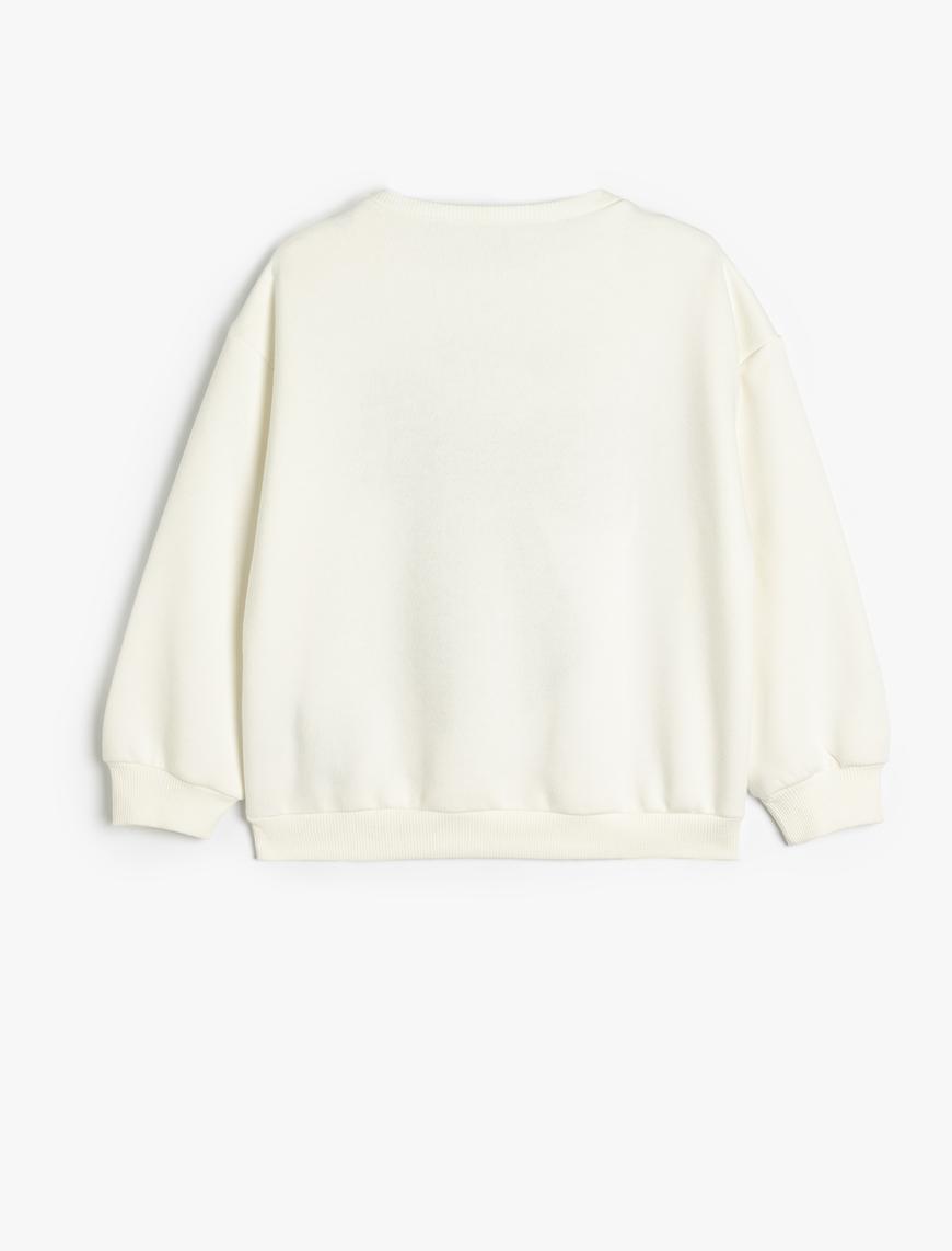  Kız Çocuk Fiyonklu Sweatshirt Pullu Payetli Uzun Kollu Bisiklet Yaka Şardonlu