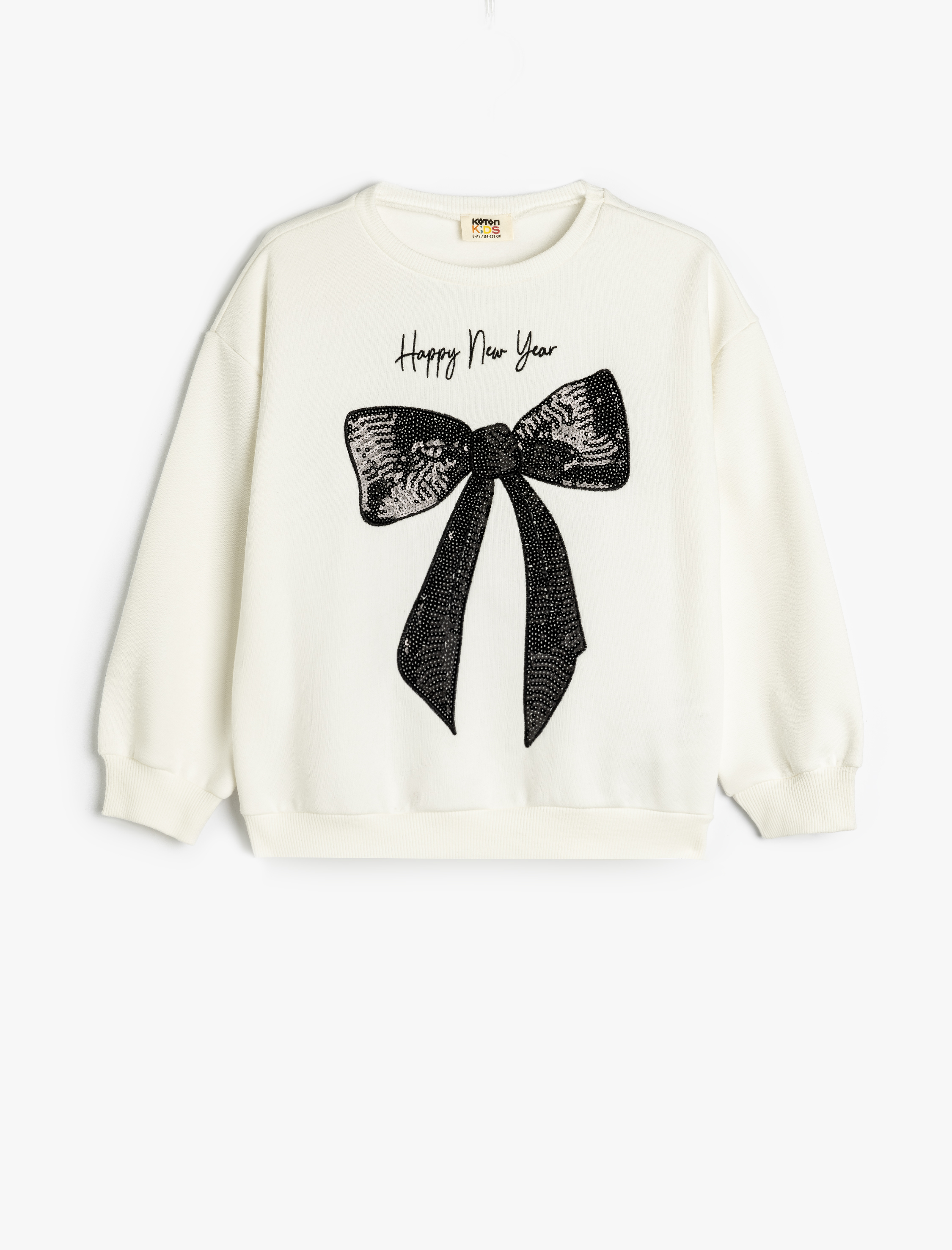  Kız Çocuk Fiyonklu Sweatshirt Pullu Payetli Uzun Kollu Bisiklet Yaka Şardonlu