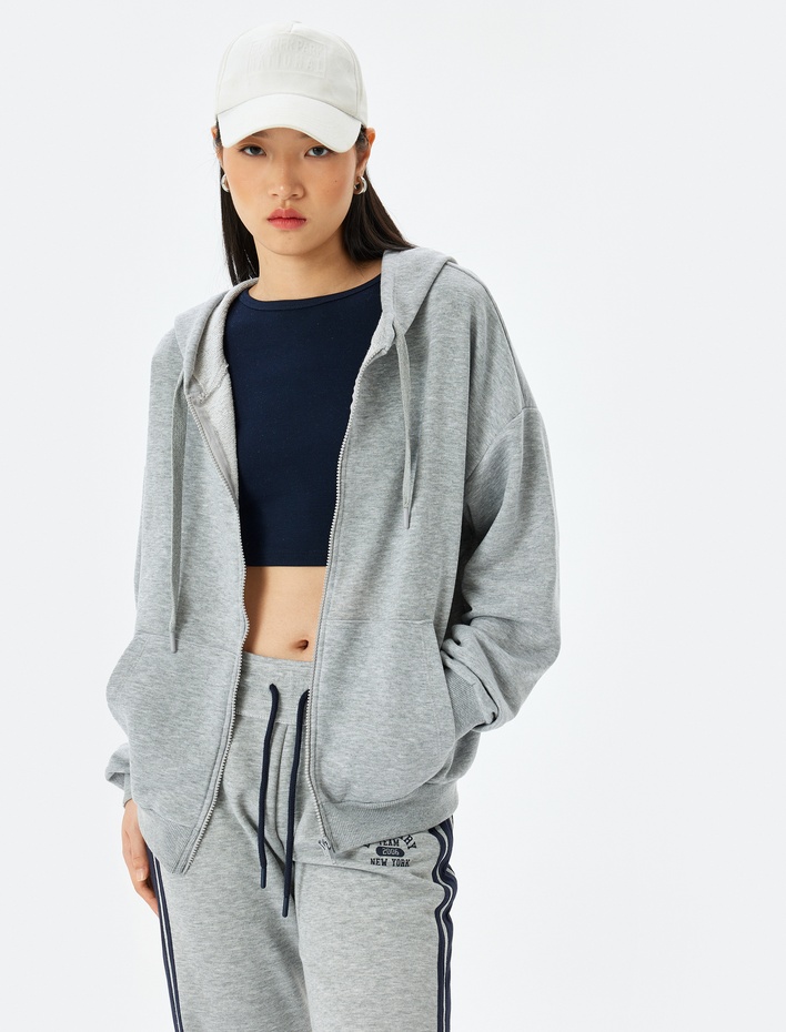  Fermuarlı Kanguru Cepli Oversize Kapüşonlu Sweatshirt