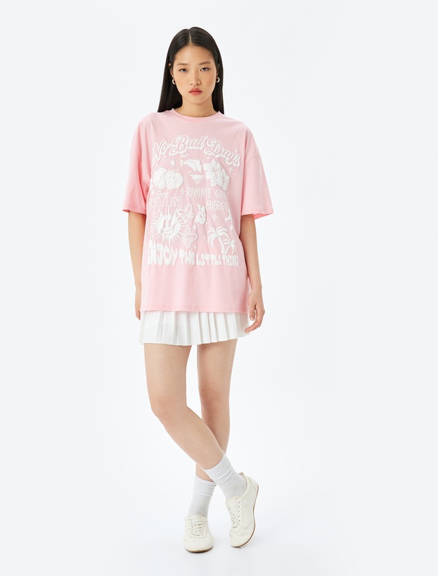 Slogan Baskılı Oversize Bisiklet Yaka Kısa Kollu Tişört_0