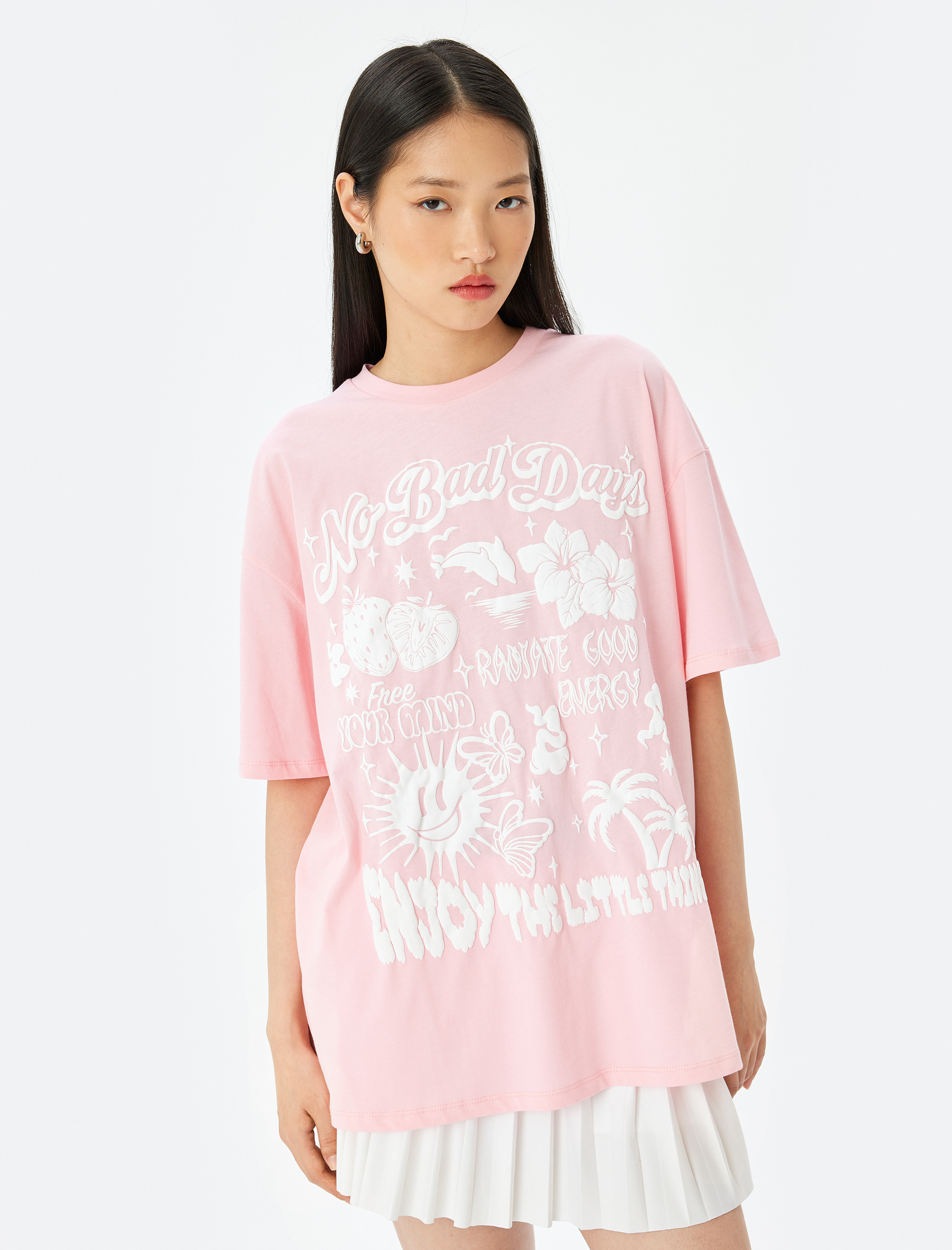   Slogan Baskılı Oversize Bisiklet Yaka Kısa Kollu Tişört