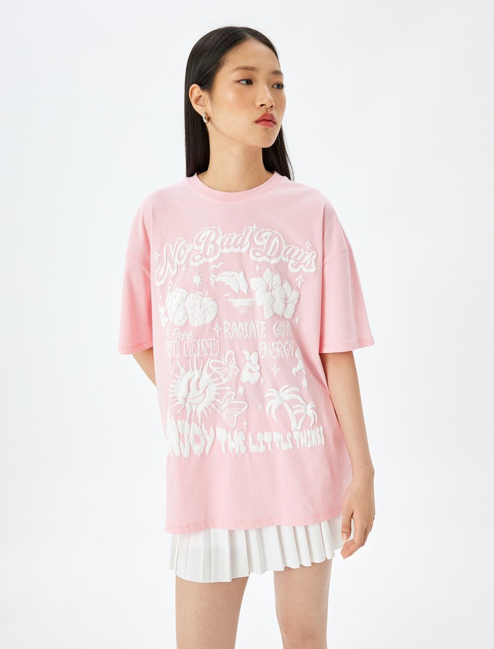  Slogan Baskılı Oversize Bisiklet Yaka Kısa Kollu Tişört