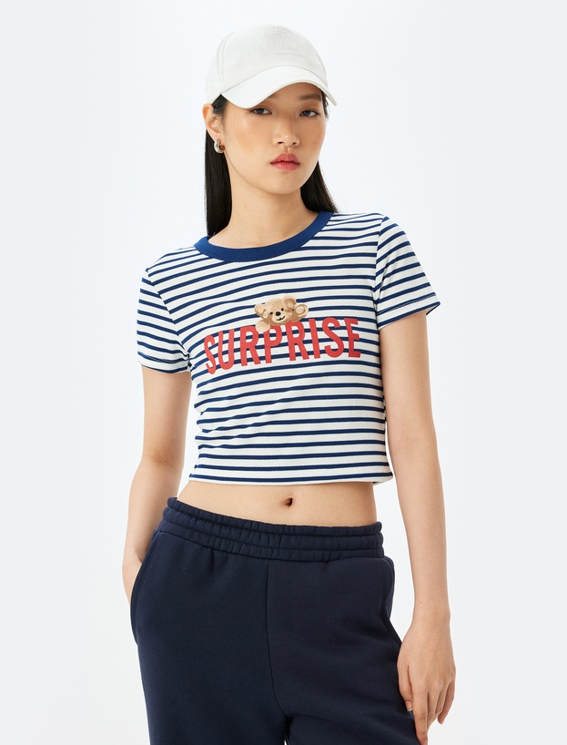 Kısa Kollu Slim Fit Bisiklet Yaka Baskılı Crop Tişört_2