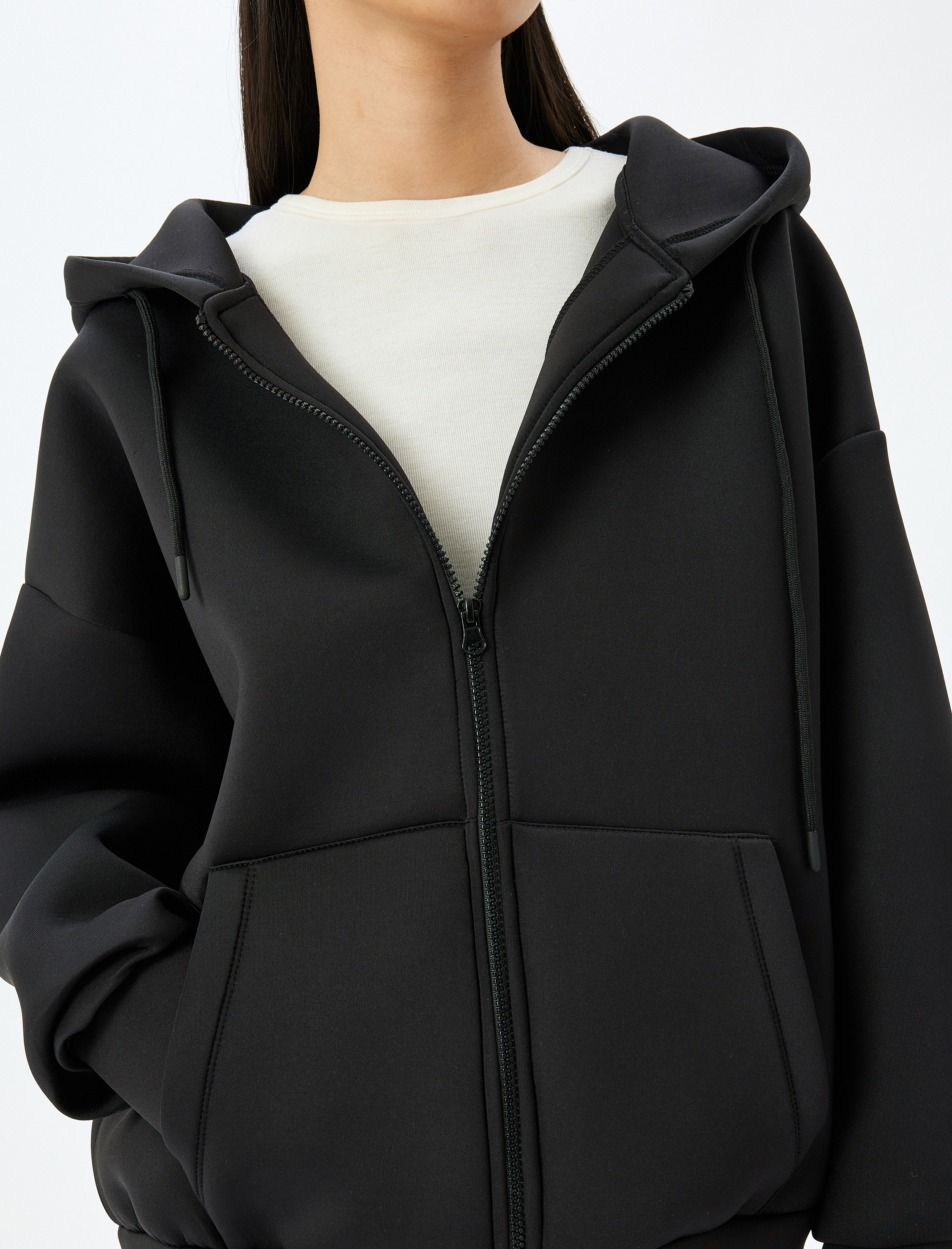   Kapüşonlu Kanguru Cepli Oversize Fermuarlı Sweatshirt