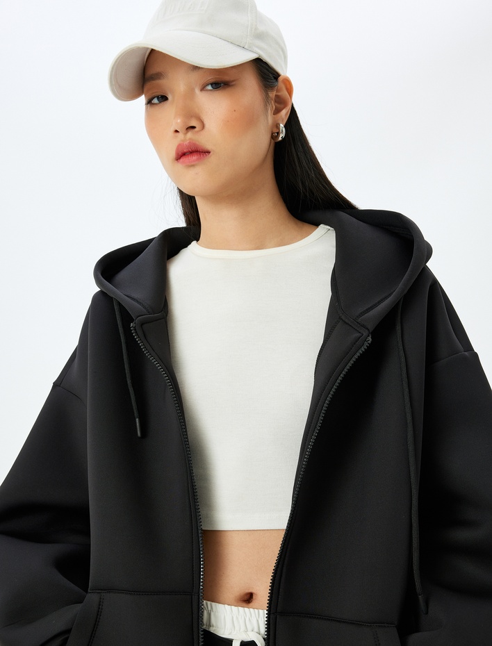  Kapüşonlu Kanguru Cepli Oversize Fermuarlı Sweatshirt