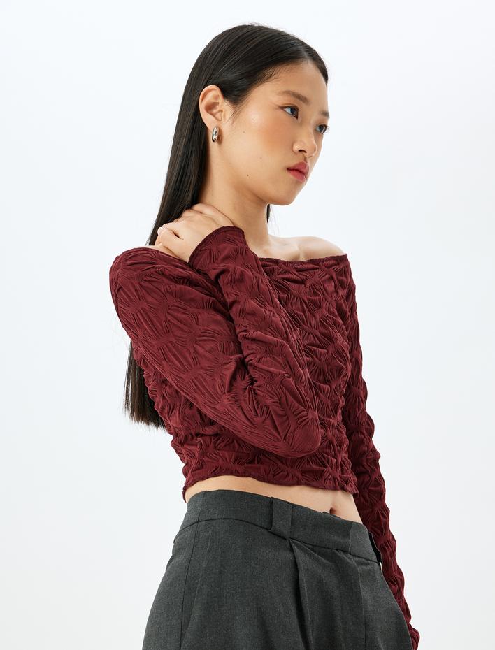  Crop Tişört Uzun Kollu Dokulu Kayık Yaka Bürümcük