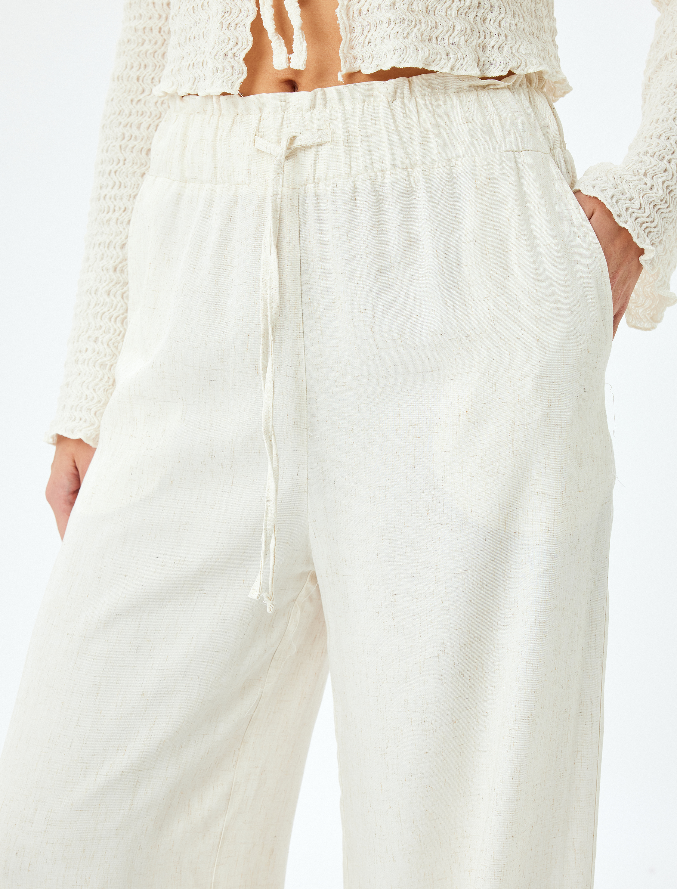   Viskon Keten Karışımlı Cepli Astarsız Geniş Paça Pantolon