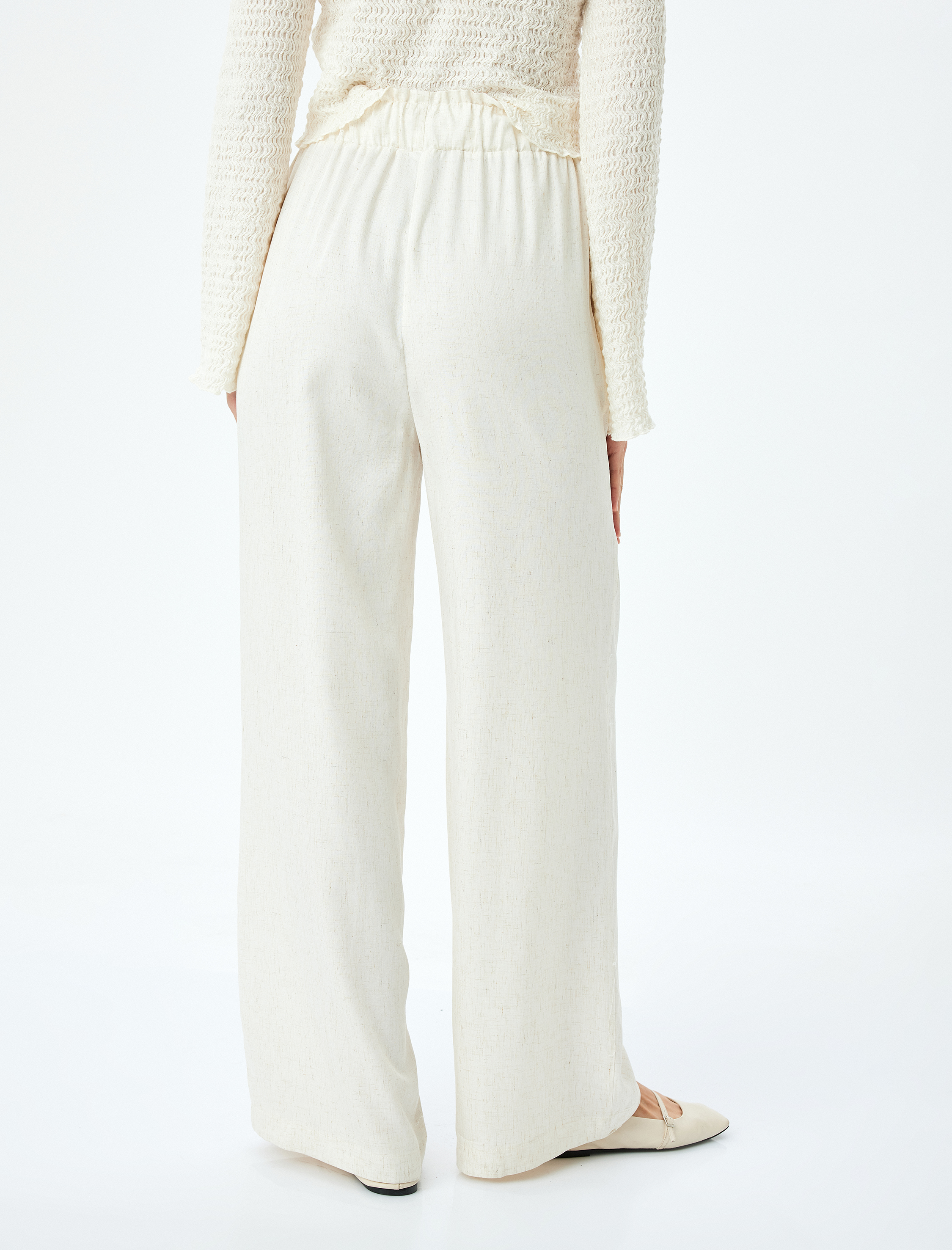   Viskon Keten Karışımlı Cepli Astarsız Geniş Paça Pantolon