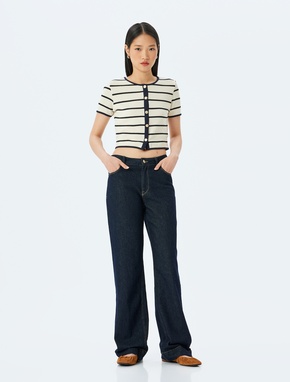 Çizgili Düğme Detaylı Kısa Kollu Crop Bluz_1