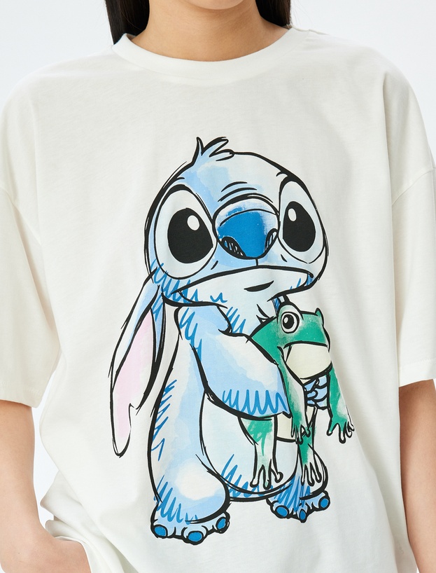 Disney Lisanslı Stitch Baskılı Kısa Kollu Oversze Tişört_4