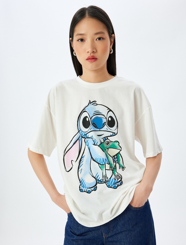 Disney Lisanslı Stitch Baskılı Kısa Kollu Oversze Tişört_0