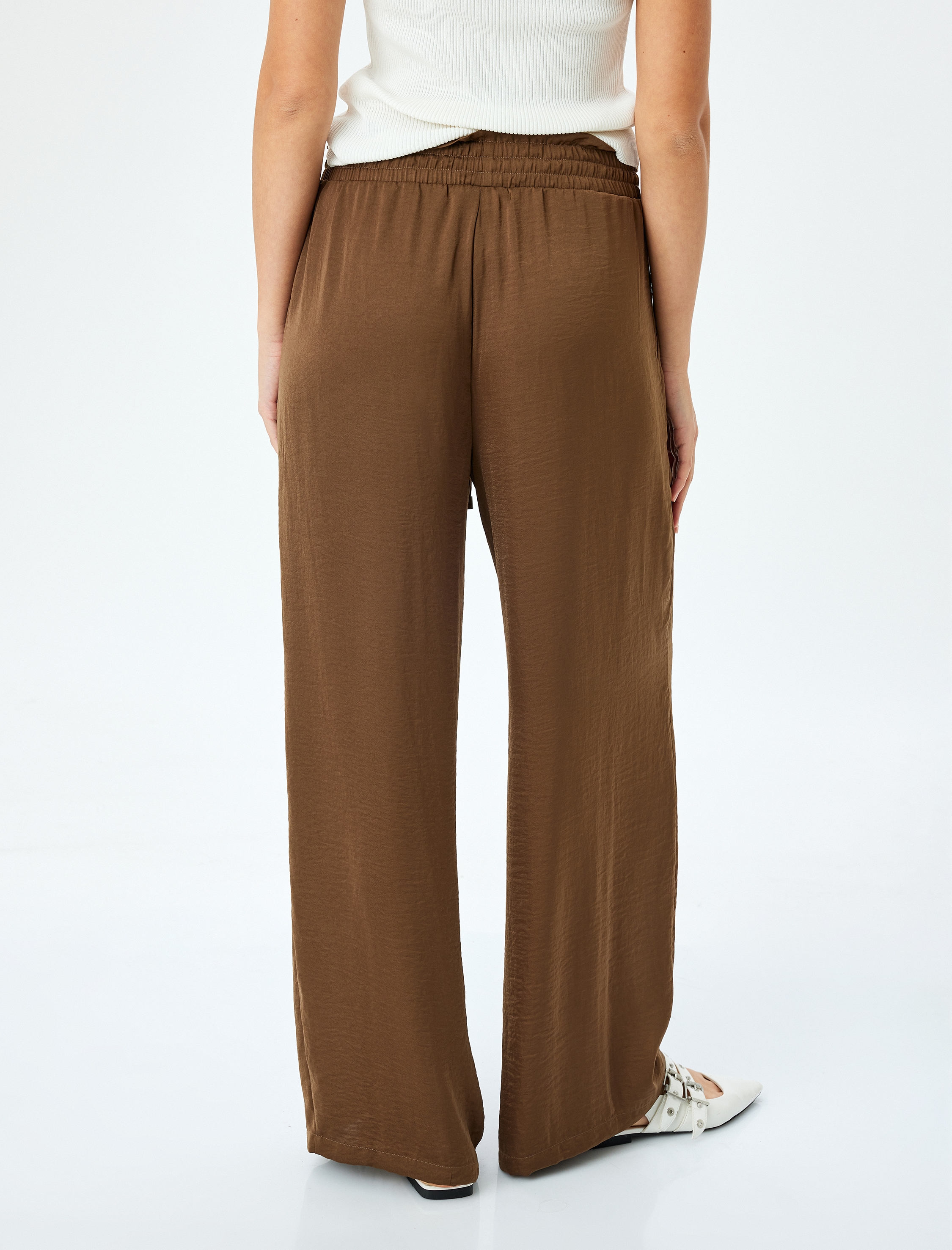   Bel Bağlamalı Lastikli Cepli Saten Palazzo Pantolon