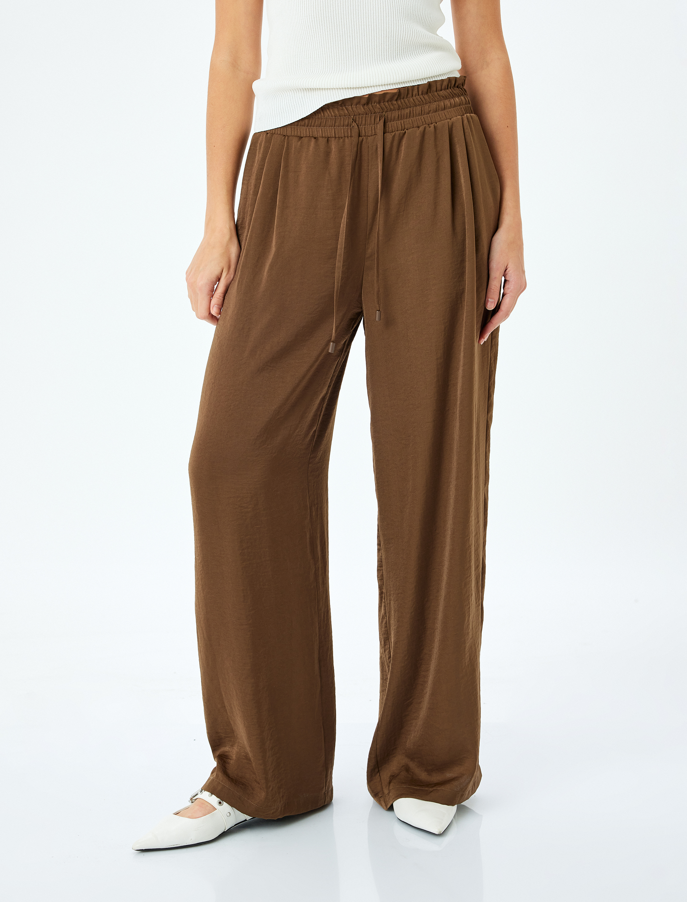   Bel Bağlamalı Lastikli Cepli Saten Palazzo Pantolon