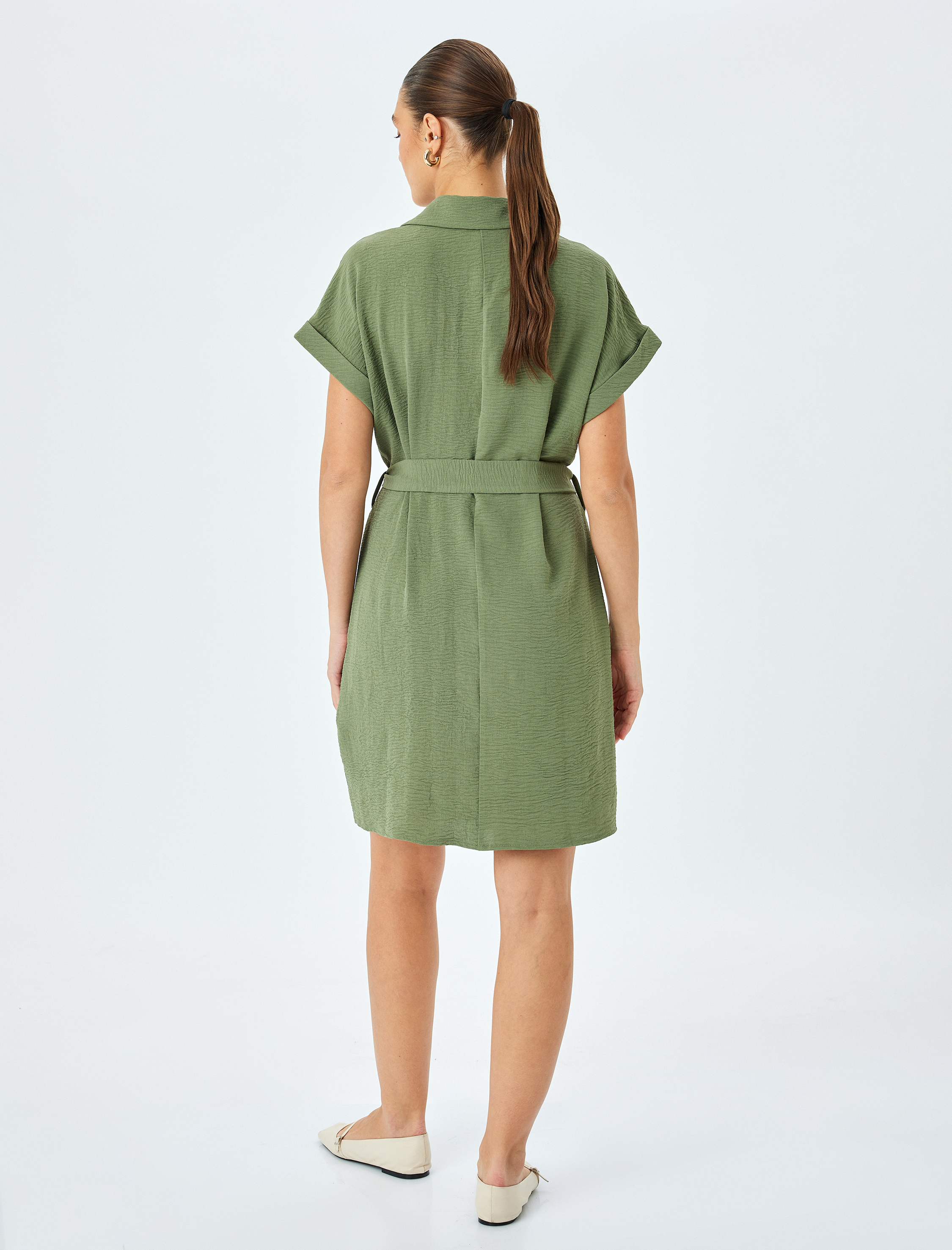   Cep Detaylı Kısa Kollu Düğmeli Kuşak Detaylı Gömlek Elbise