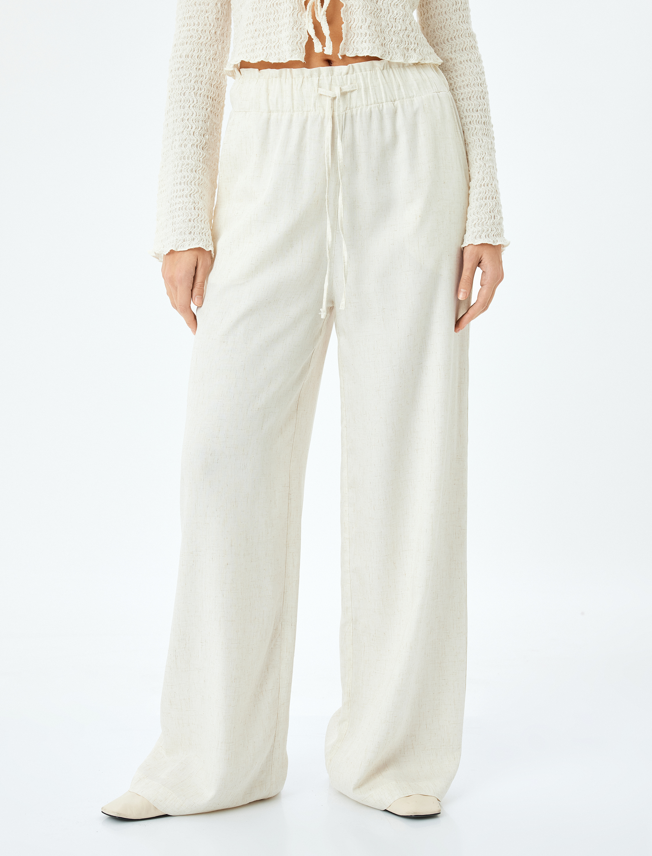   Viskon Keten Karışımlı Cepli Astarsız Geniş Paça Pantolon