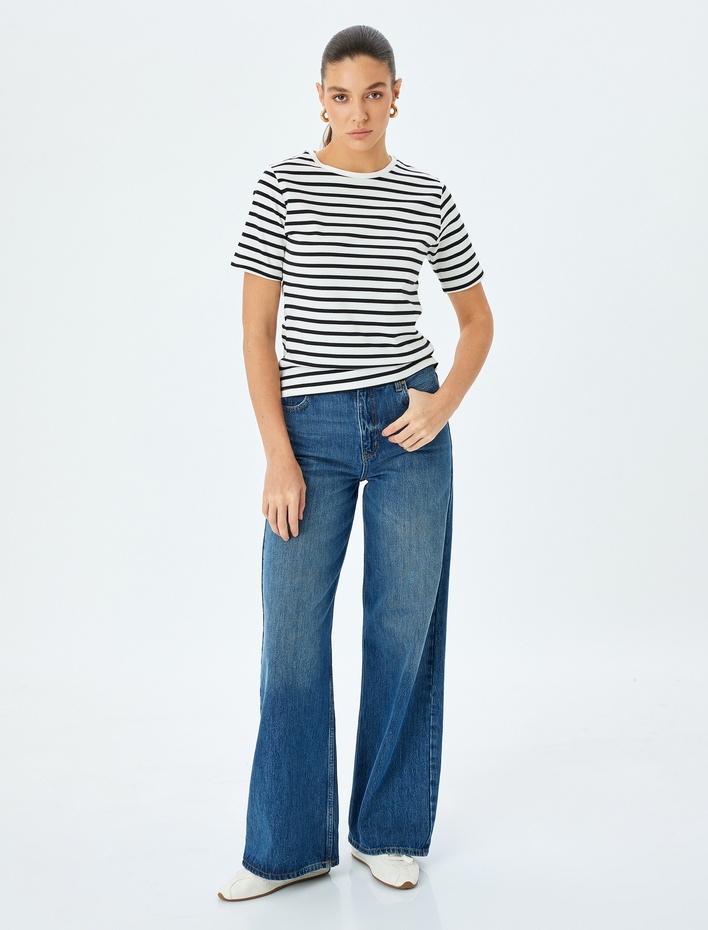  Pamuklu Bisiklet Yaka Kısa Kollu Çizgili Tişört