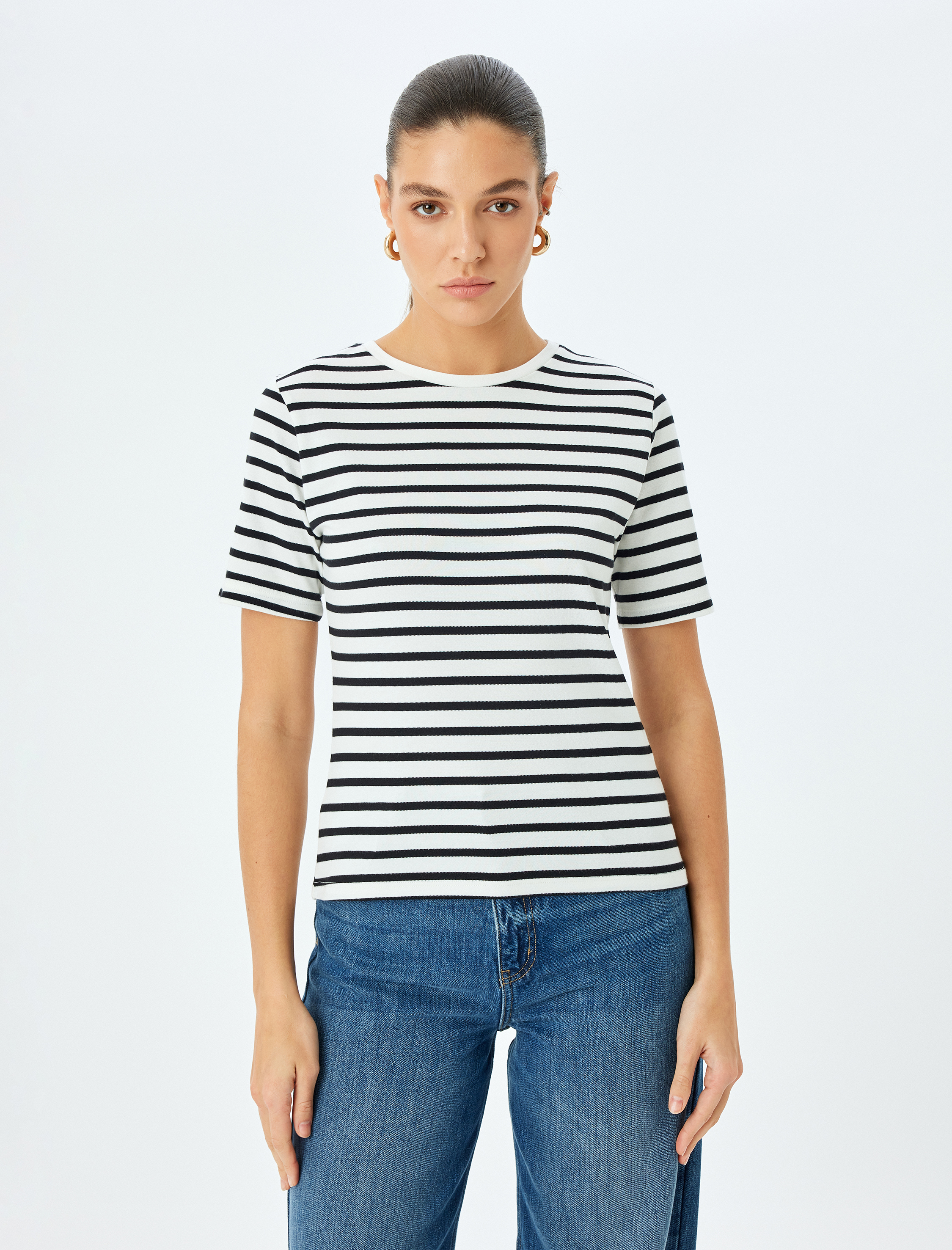   Pamuklu Bisiklet Yaka Kısa Kollu Çizgili Tişört