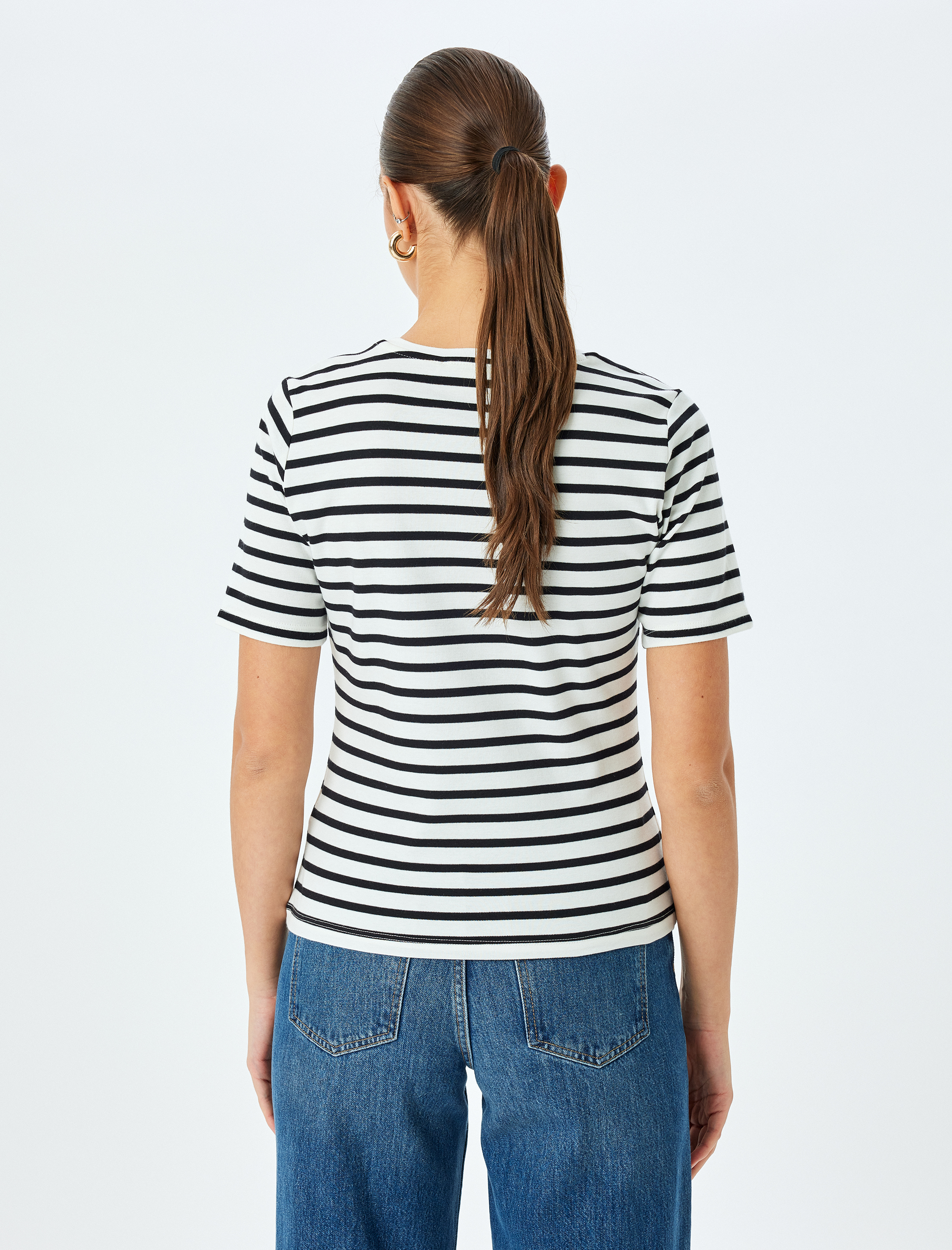  Pamuklu Bisiklet Yaka Kısa Kollu Çizgili Tişört