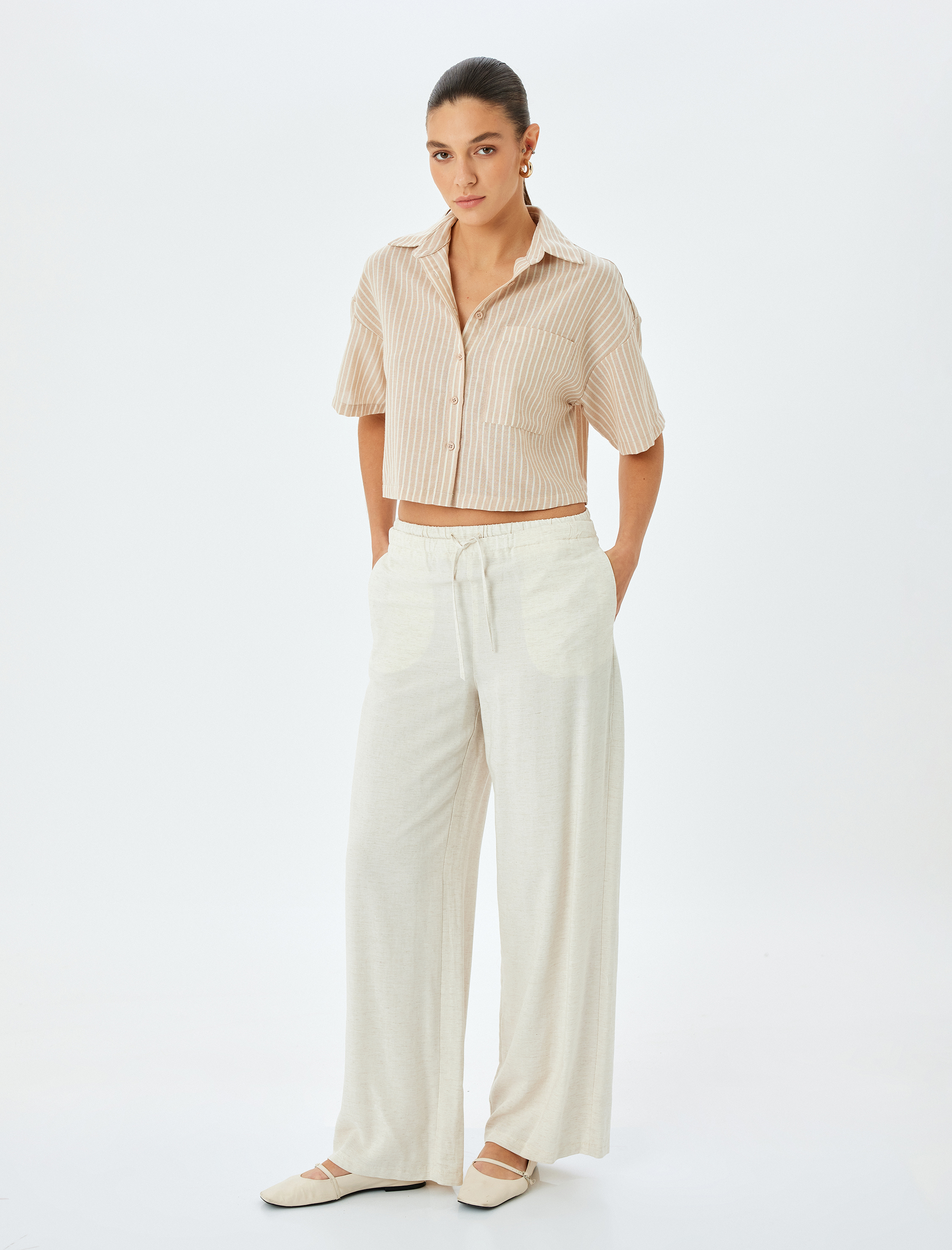   Tek Cep Detaylı Kısa Kollu Çizgili Crop Gömlek