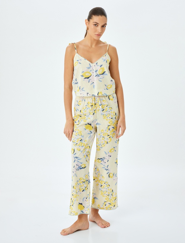 V Yaka İnce Askılı Limon Baskılı Pamuklu Pijama Üstü_0
