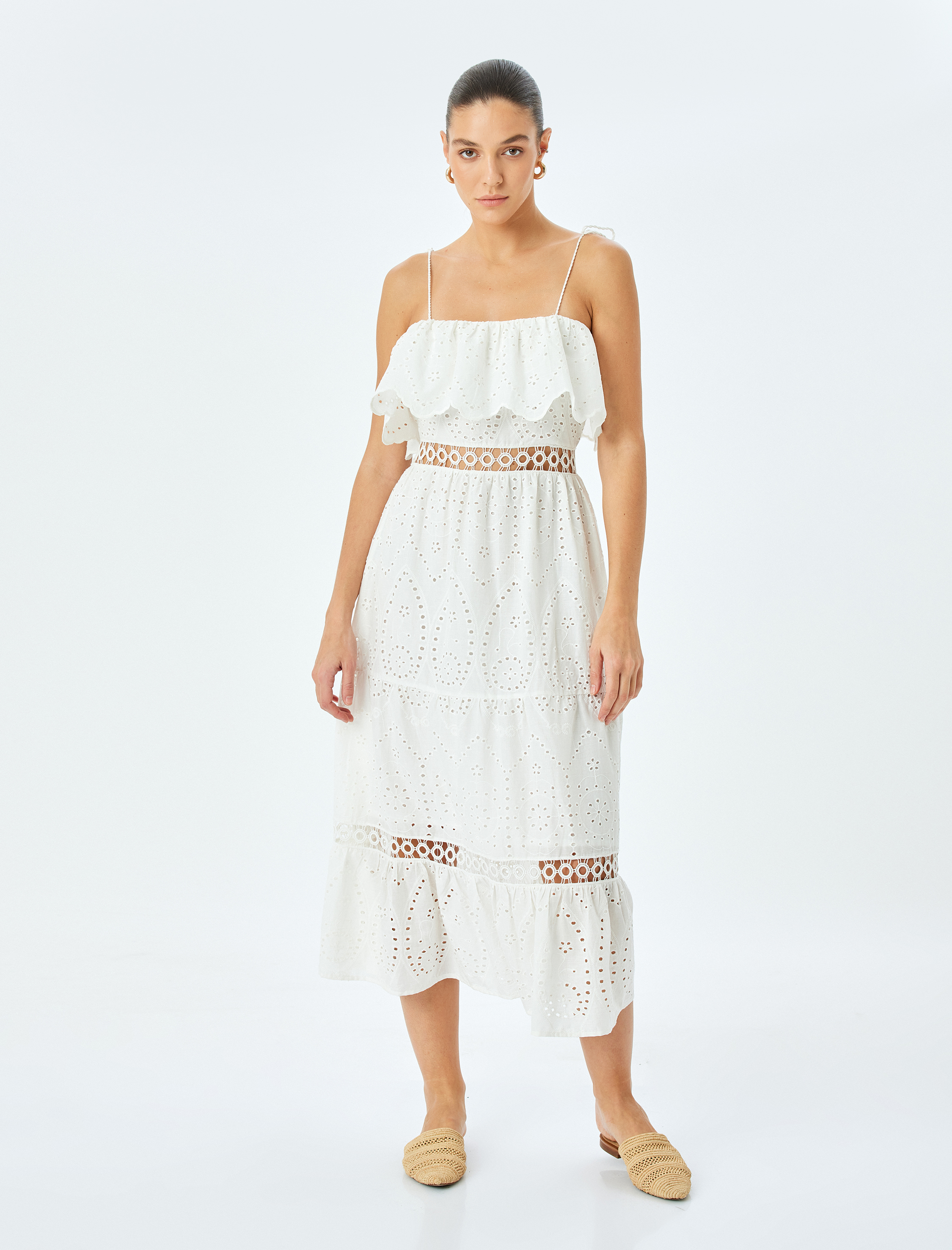   Pamuklu İnce Askılı Fırfırlı Uzun Fisto Elbise