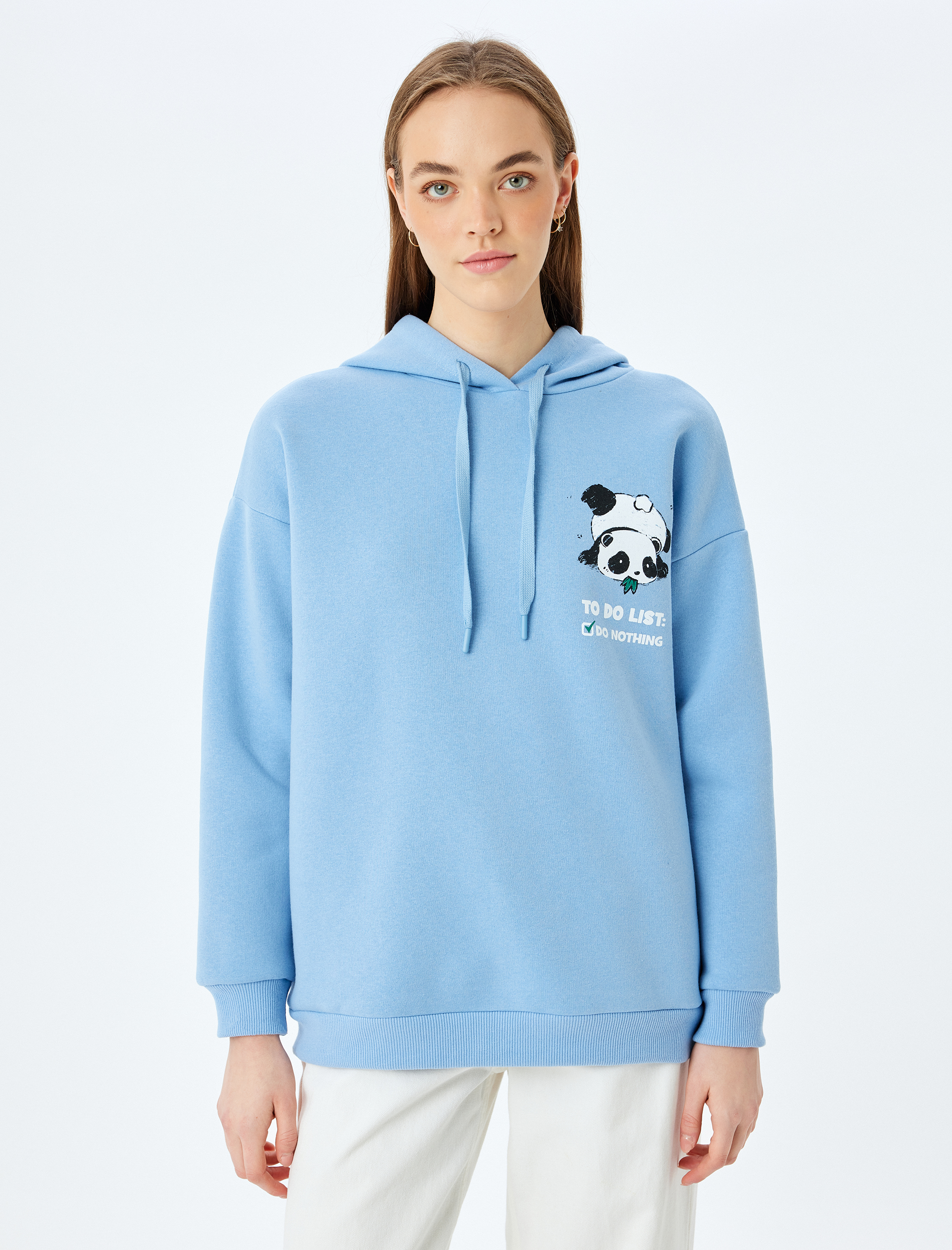 Şardonlu Kapüşonlu Arkası Panda Baskılı Uzun Kollu Oversize Sweatshirt
