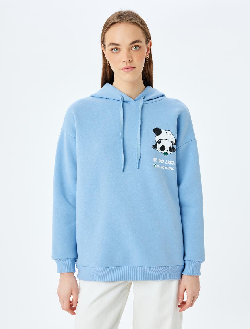   Kapüşonlu Arkası Panda Baskılı Uzun Kollu Oversize Sweatshirt