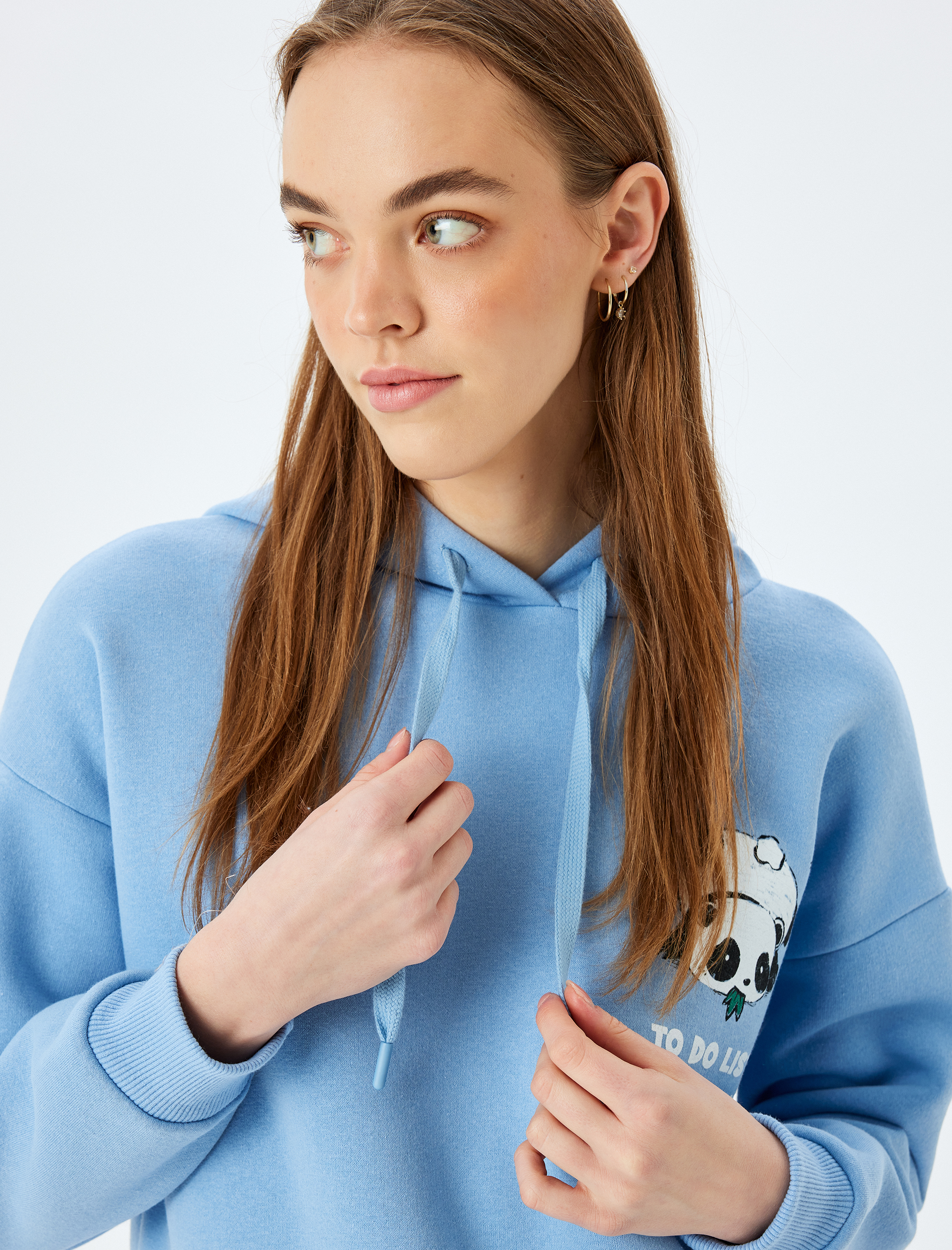 Şardonlu Kapüşonlu Arkası Panda Baskılı Uzun Kollu Oversize Sweatshirt