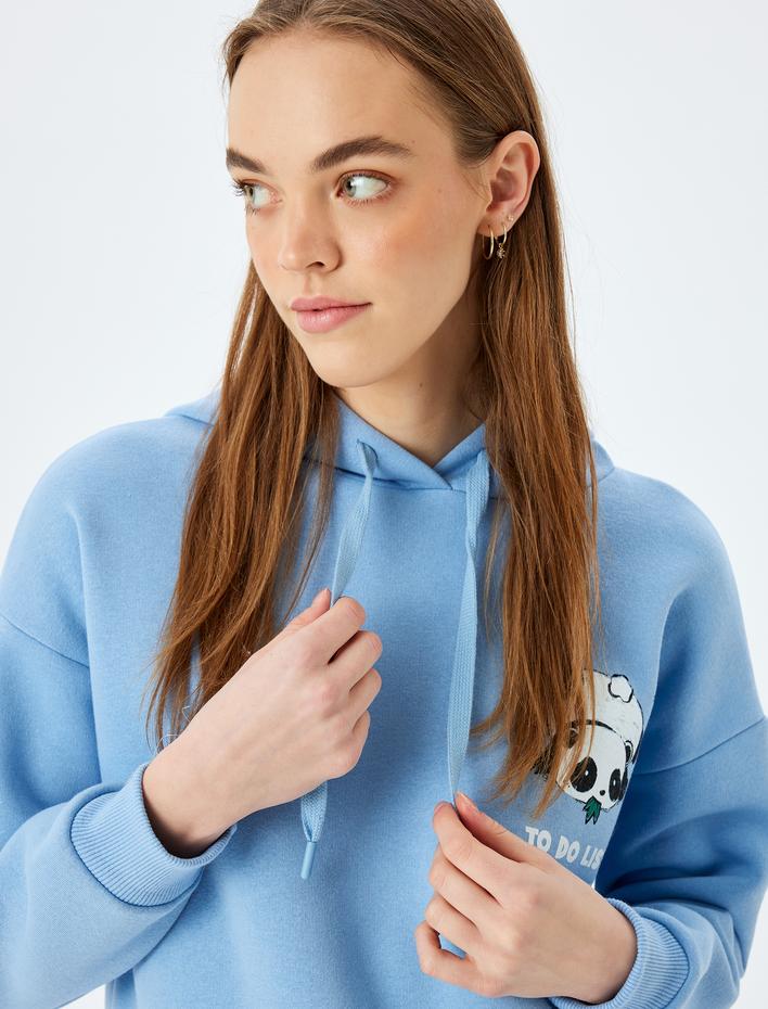  Şardonlu Kapüşonlu Arkası Panda Baskılı Uzun Kollu Oversize Sweatshirt
