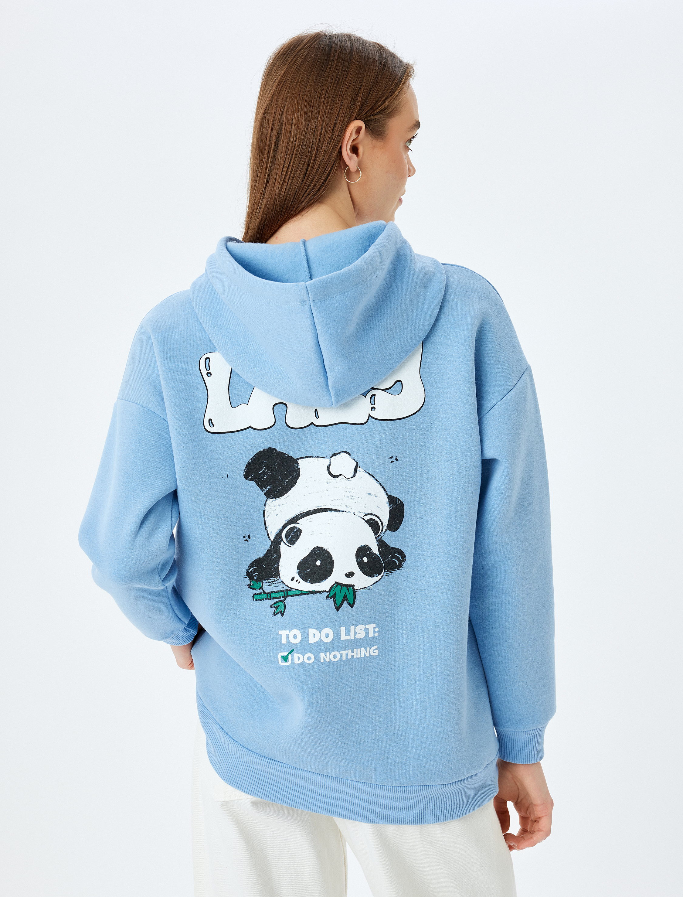 Şardonlu Kapüşonlu Arkası Panda Baskılı Uzun Kollu Oversize Sweatshirt