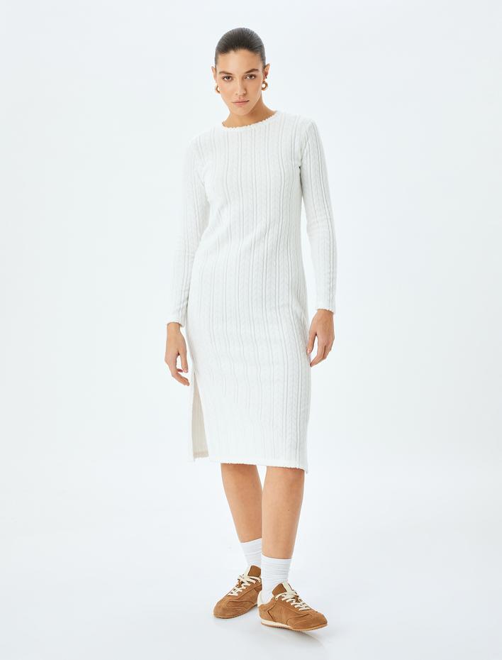  Yumuşak Dokulu Bisiklet Yaka Uzun Kollu Midi Boy Şönil Elbise