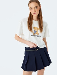 Ayı Baskılı Kısa Kollu Bisiklet Yaka Crop Tişört