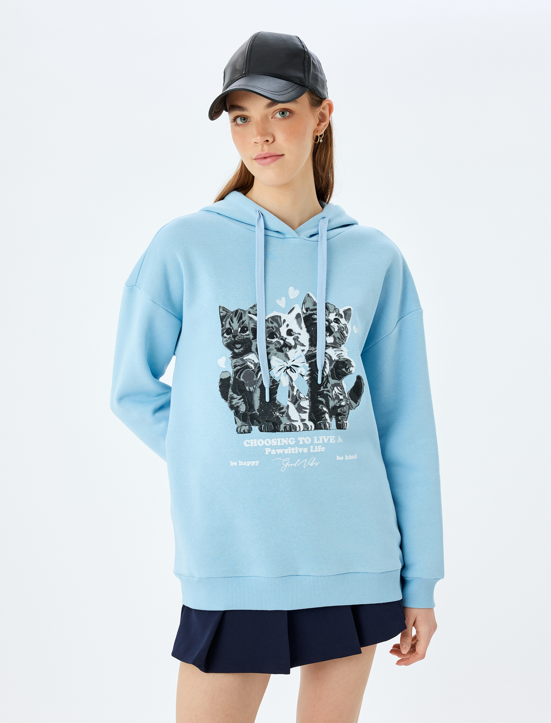   Şardonlu Kapüşonlu Kedi Baskılı Uzun Kollu Rahat Kalıp Sweatshirt