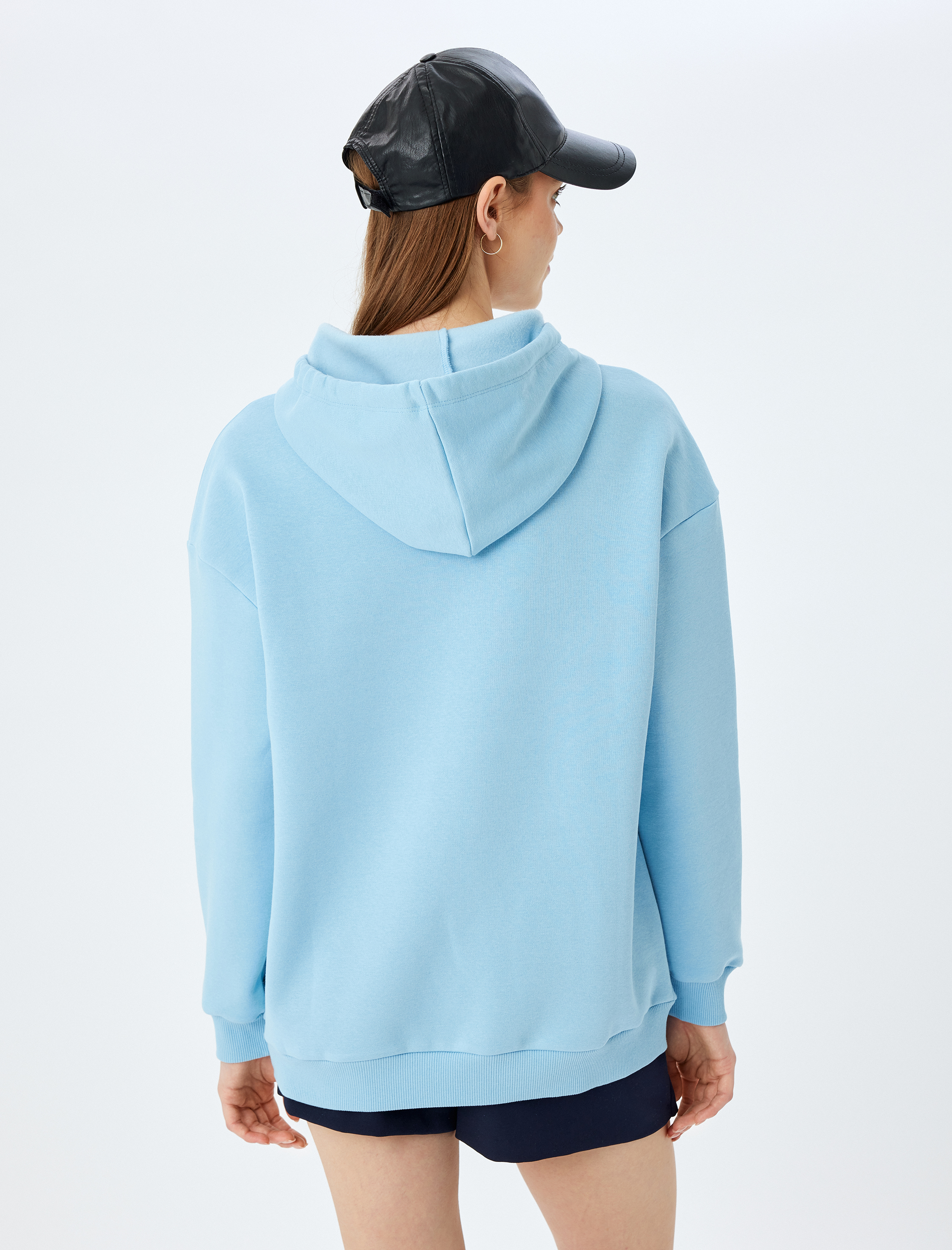   Şardonlu Kapüşonlu Kedi Baskılı Uzun Kollu Rahat Kalıp Sweatshirt