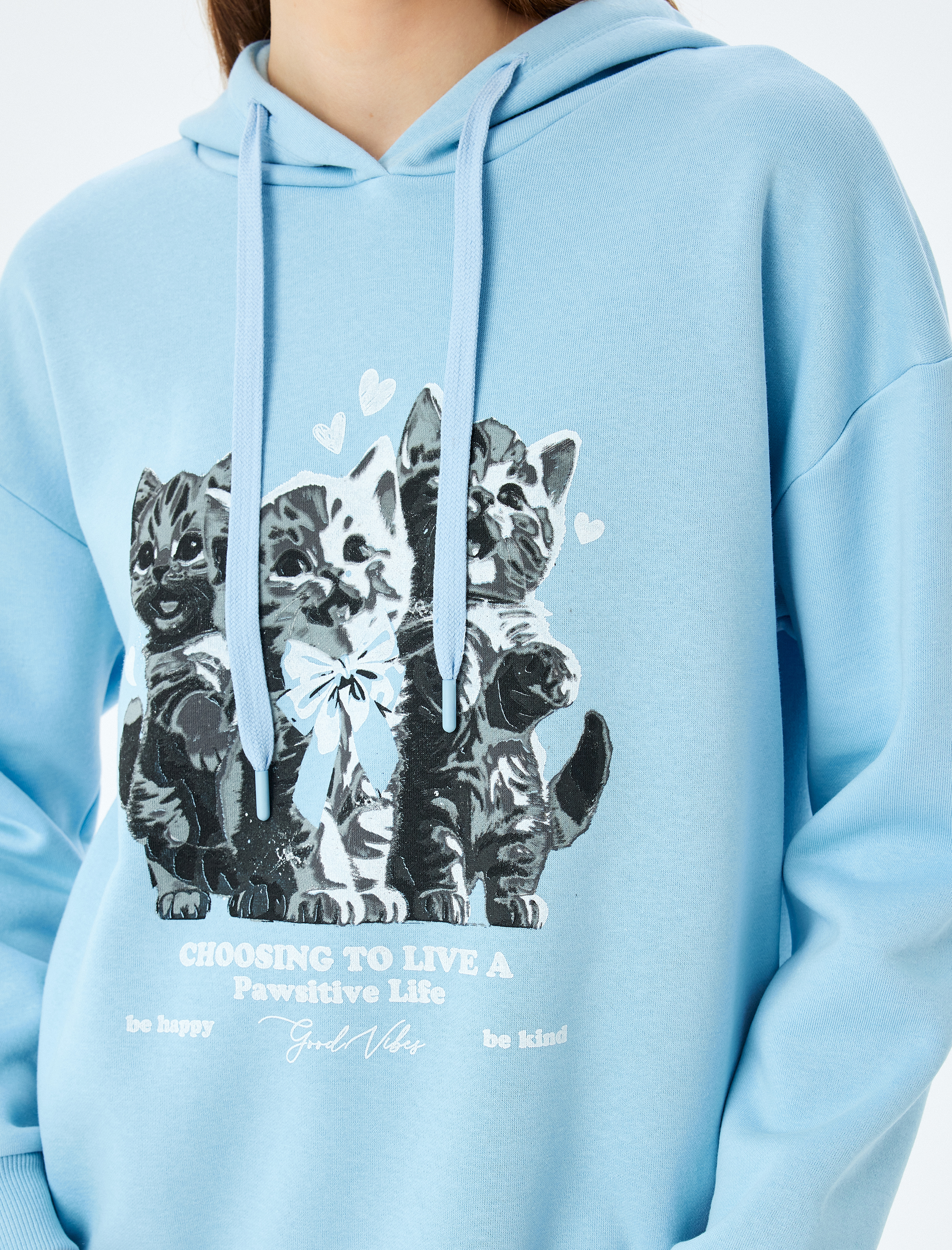   Şardonlu Kapüşonlu Kedi Baskılı Uzun Kollu Rahat Kalıp Sweatshirt
