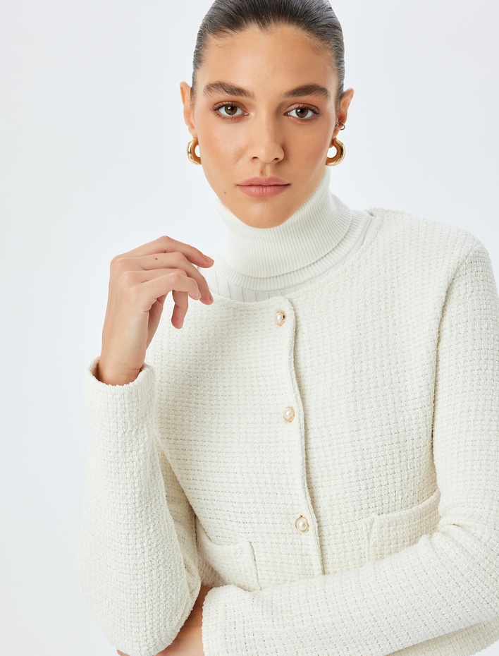  Uzun Kollu İnci Düğmeli Cepli Bisiklet Yaka Hırka