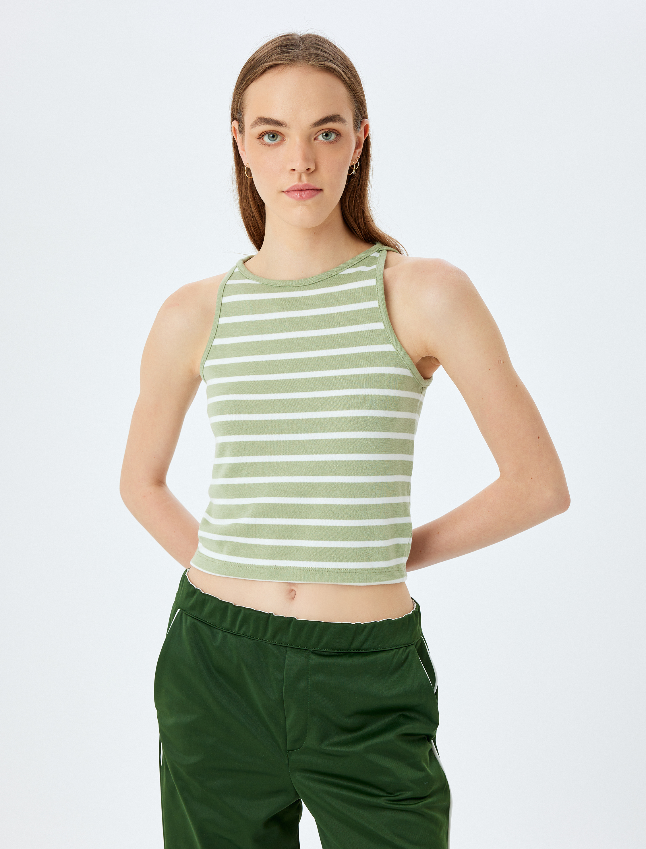   Bisiklet Yaka Slim Fit Çizgili Kolsuz Kadın Atlet