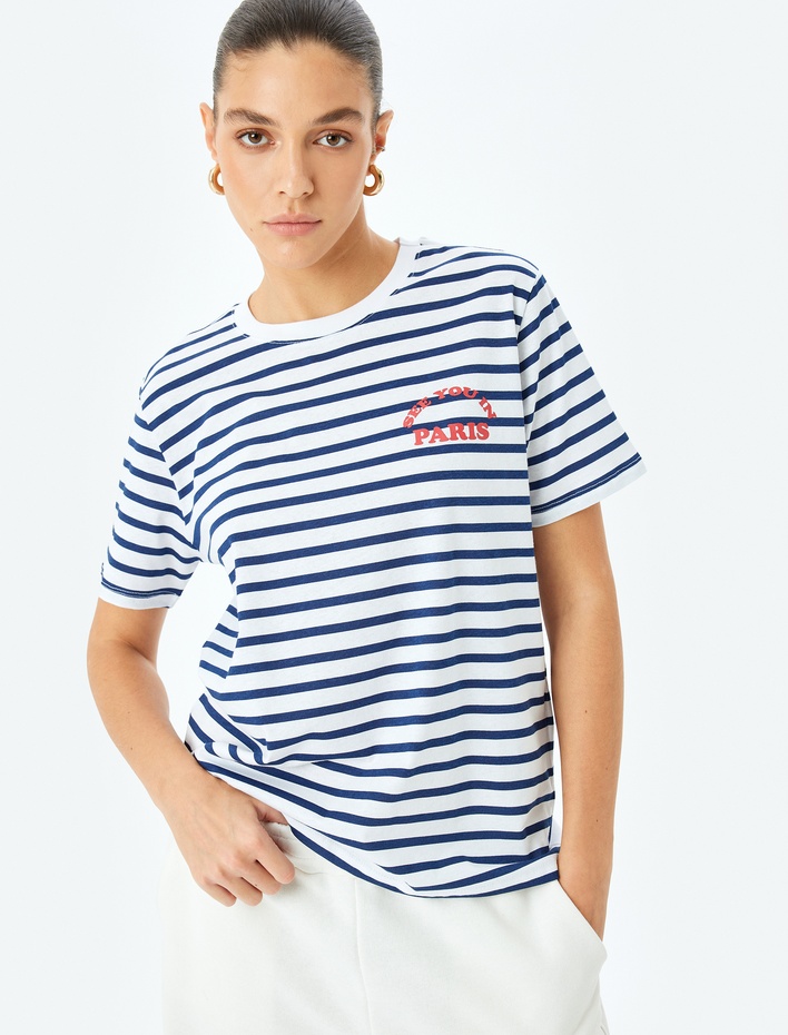  Baskı Detaylı Bisiklet Yaka Pamuklu Çizgili Tişört