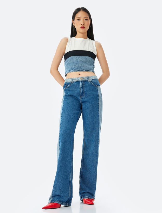 Yüksek Bel Renk Bloklu Düğmeli Kot Pantolon -  Straight Fit Jean_1