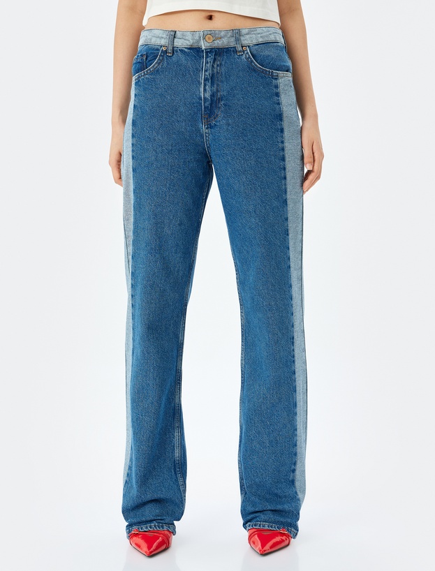Yüksek Bel Renk Bloklu Düğmeli Kot Pantolon -  Straight Fit Jean_2