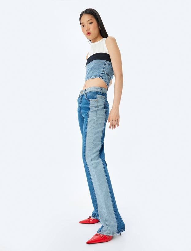 Yüksek Bel Renk Bloklu Düğmeli Kot Pantolon -  Straight Fit Jean_0