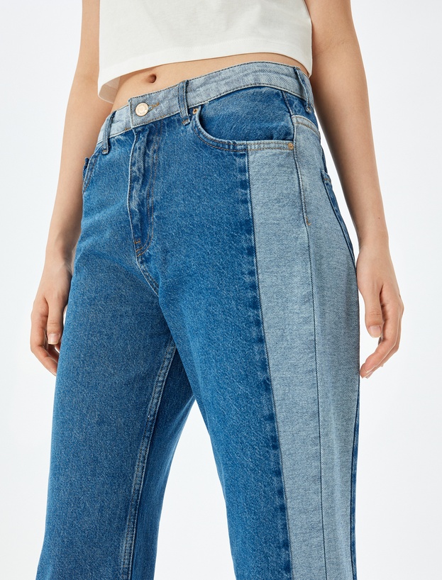 Yüksek Bel Renk Bloklu Düğmeli Kot Pantolon -  Straight Fit Jean_4