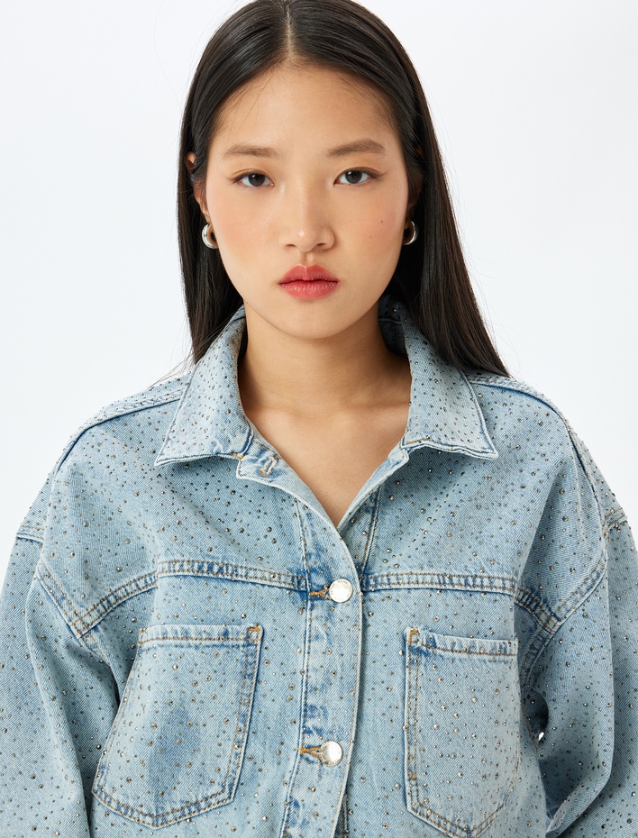  Taş Detaylı Oversize Düğmeli Çift Cepli Kot Ceket