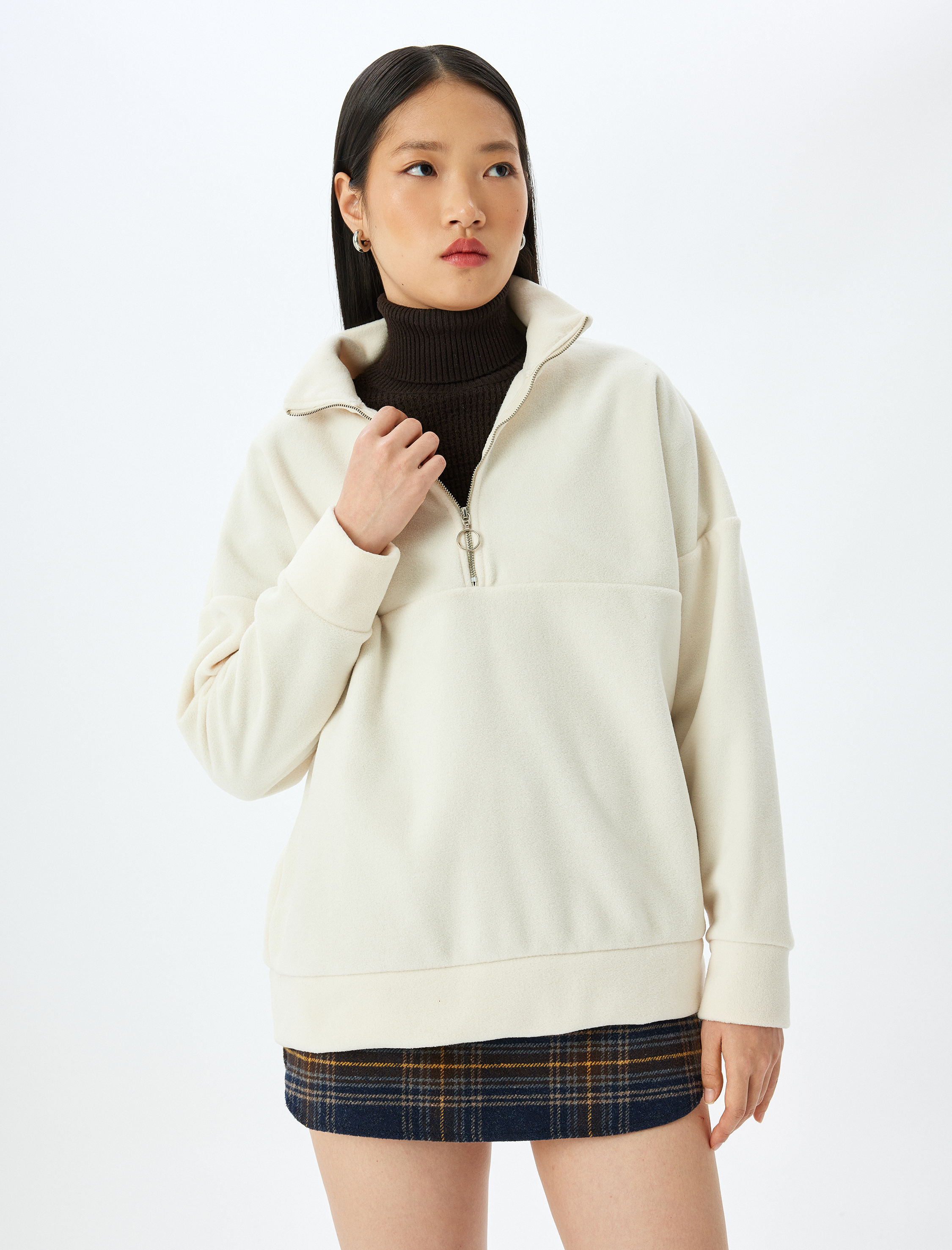   Yarım Fermuarlı Uzun Kollu Polar Oversize Sweatshirt